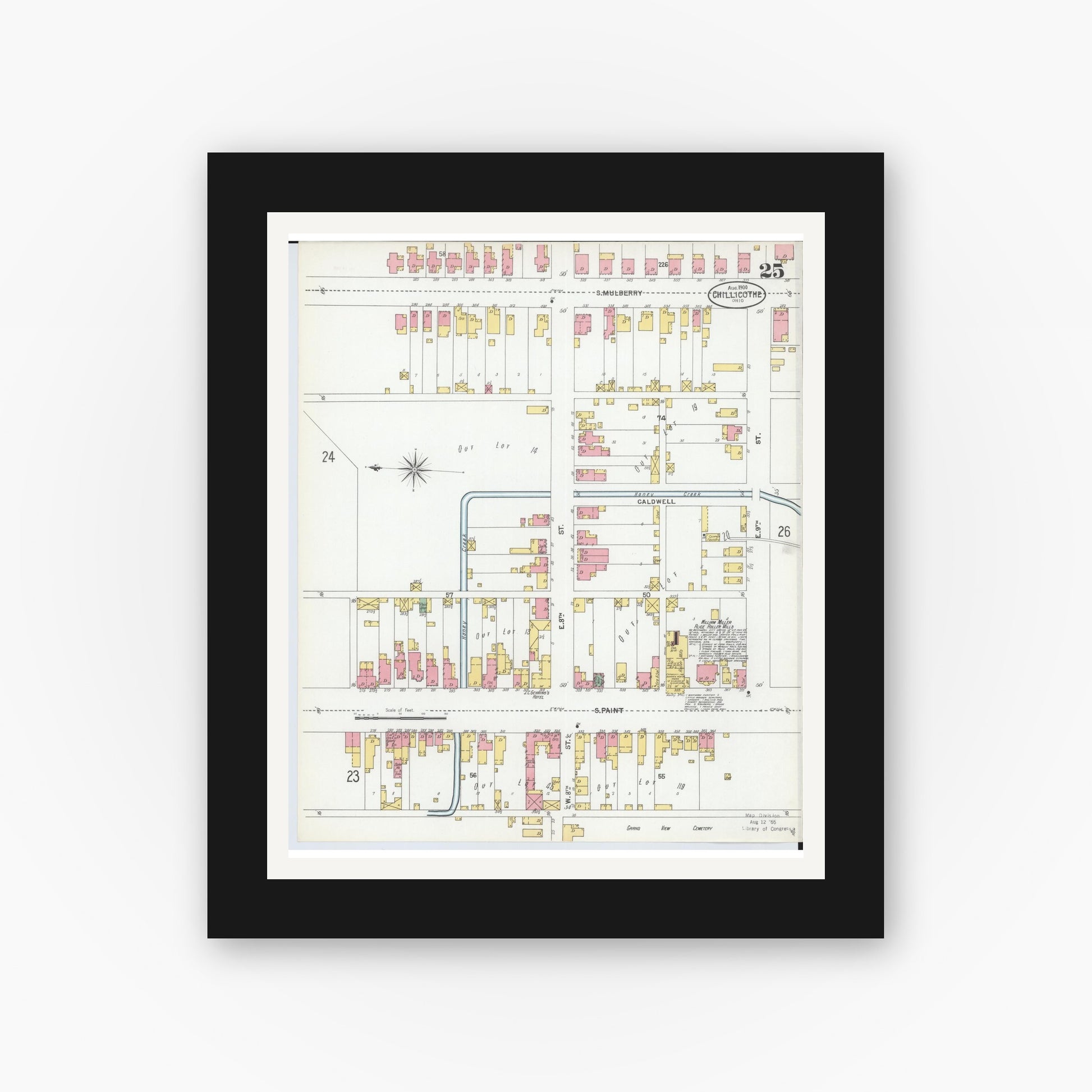 Old map wall art mockup — black gallery frame with white mat — Sanborn Fire Insurance Map from Chillicothe, Ross County, Ohio (1900), Sheet #0025