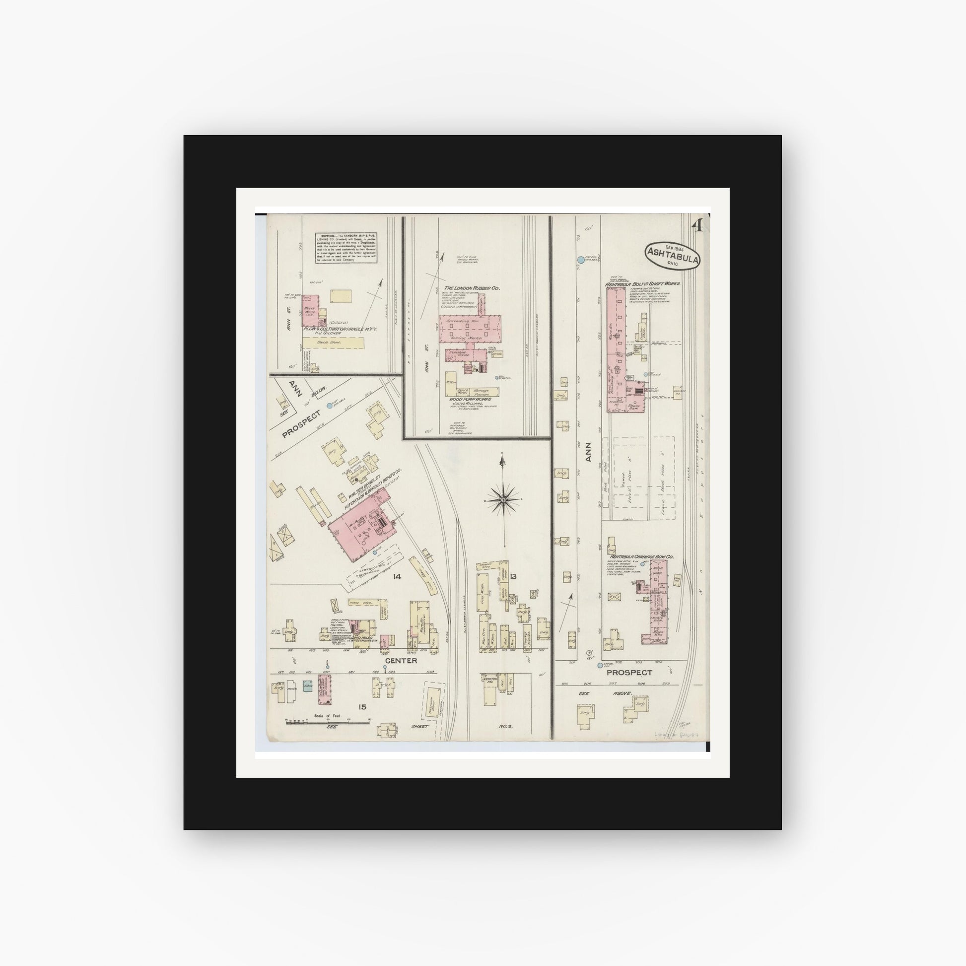 Old map wall art mockup — black gallery frame with white mat — Sanborn Fire Insurance Map from Ashtabula, Ashtabula County, Ohio (1884), Sheet #0004