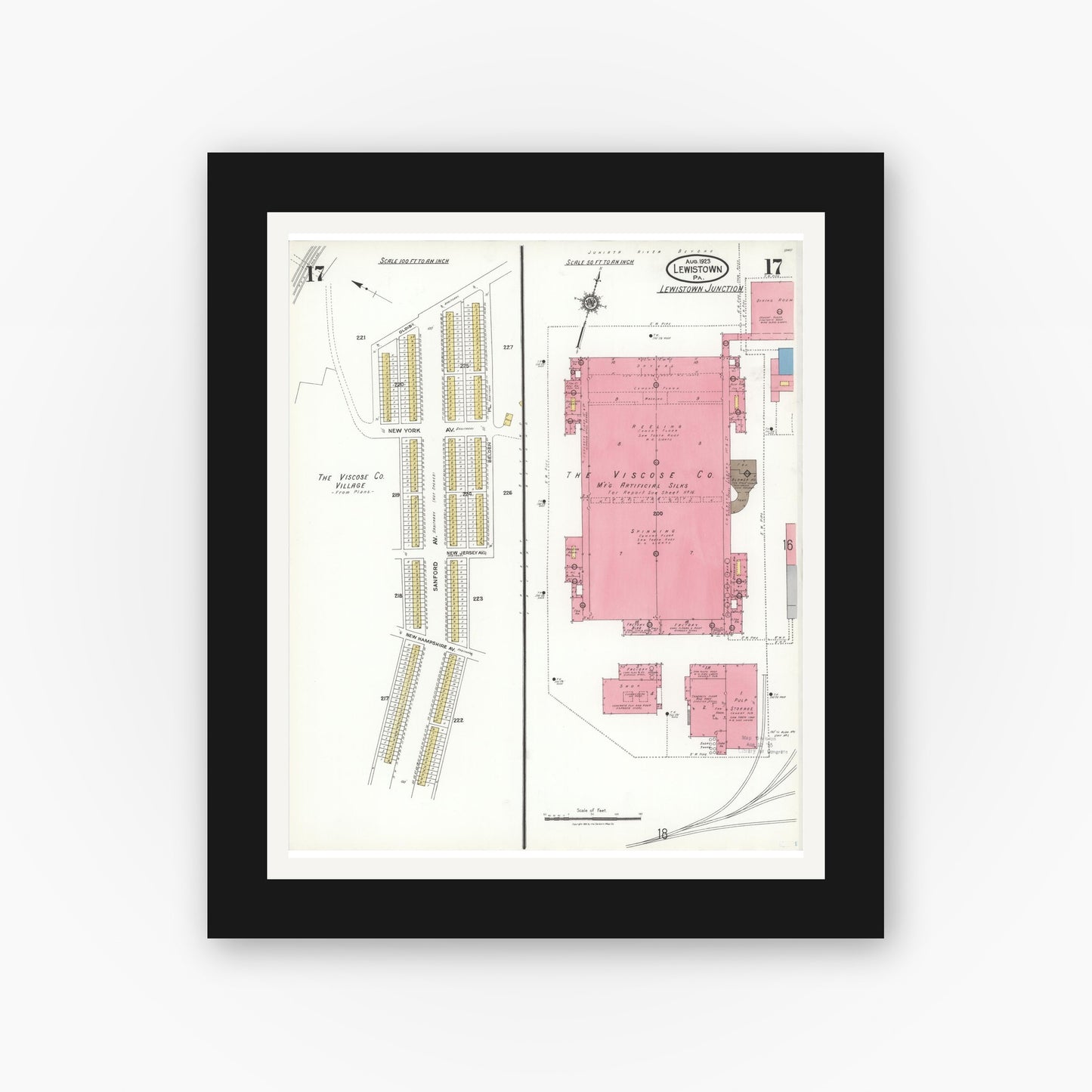 Old map wall art mockup — black gallery frame with white mat — Sanborn Fire Insurance Map from Lewistown, Mifflin County, Pennsylvania (1923), Sheet #0017