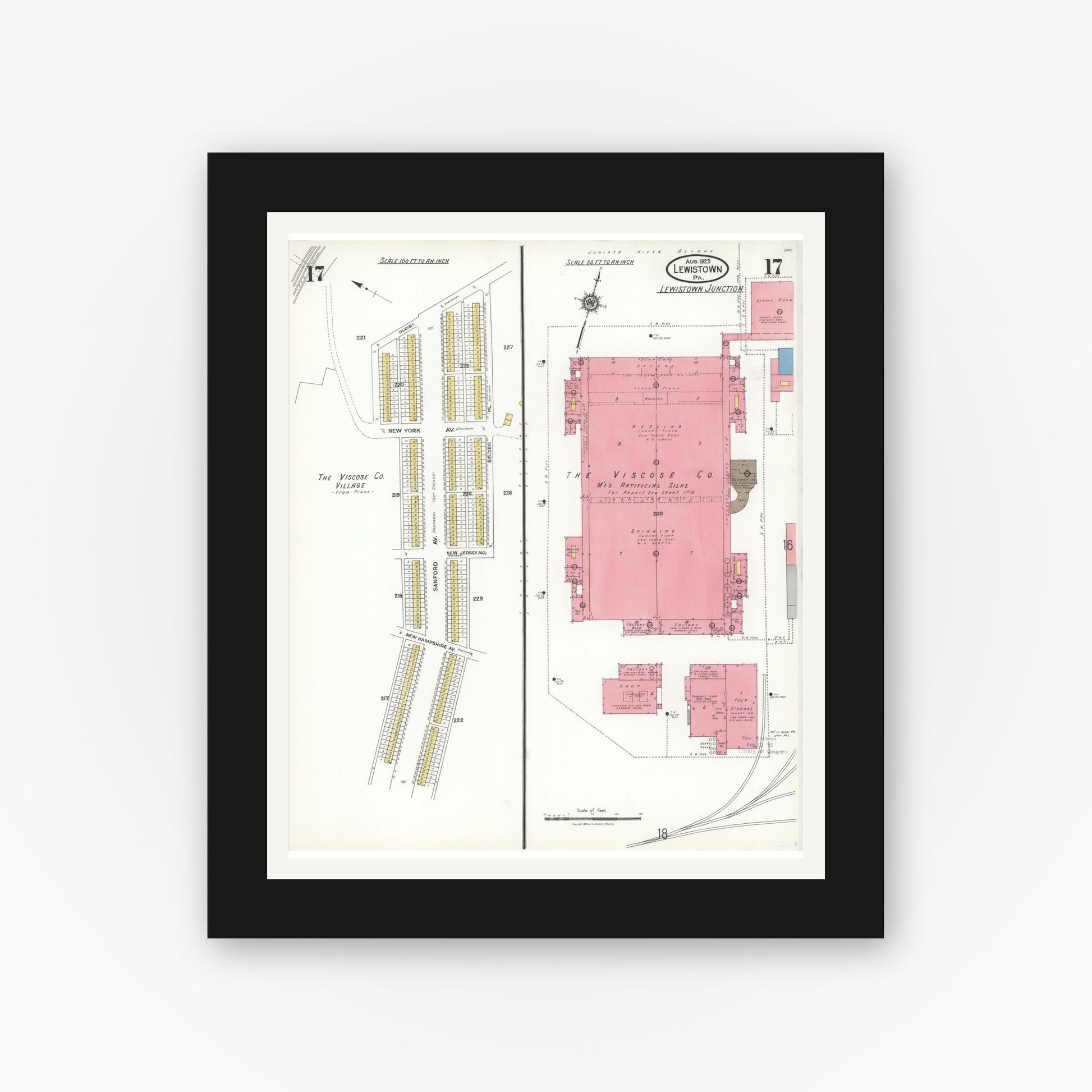 Old map wall art mockup — black gallery frame with white mat — Sanborn Fire Insurance Map from Lewistown, Mifflin County, Pennsylvania (1923), Sheet #0017