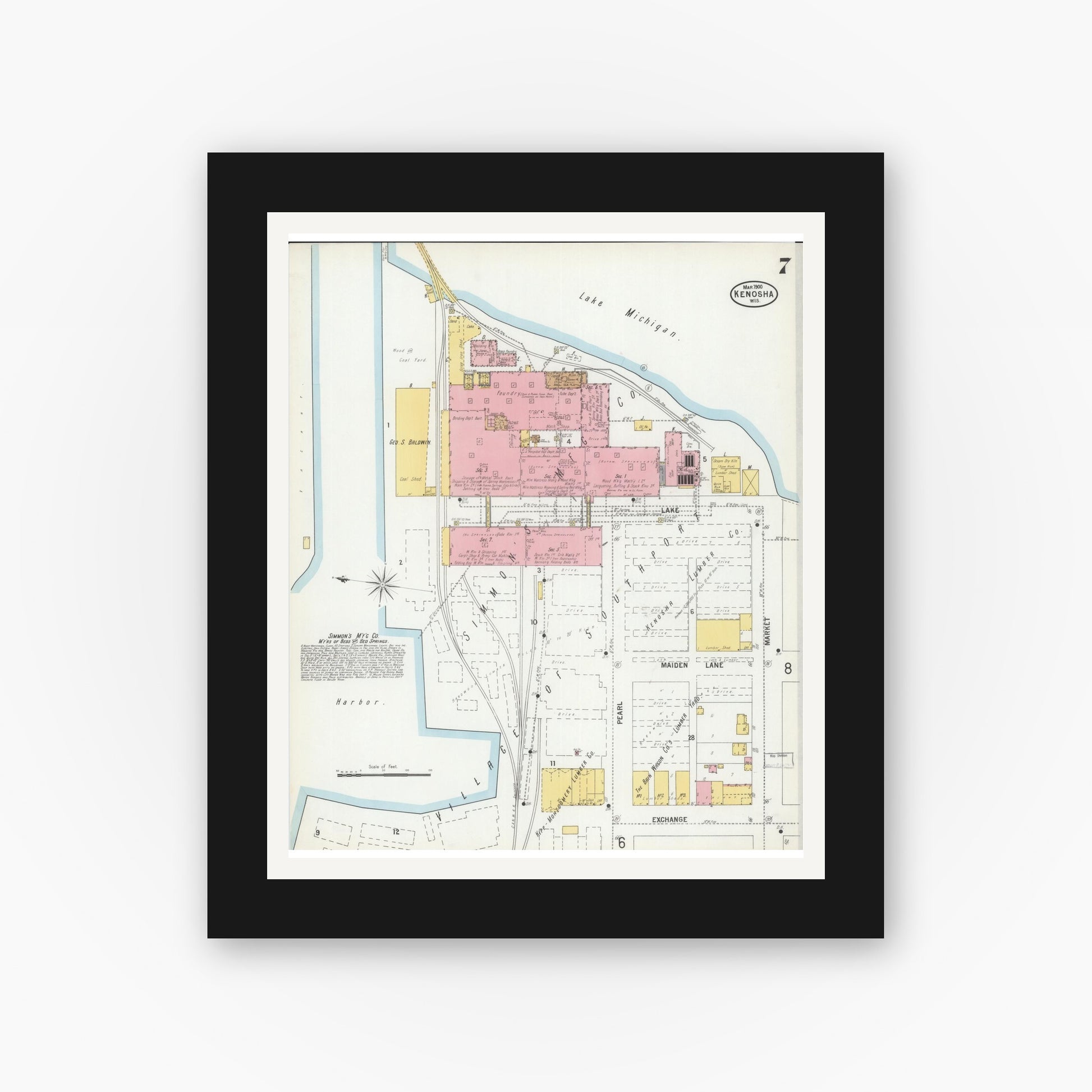 Old map wall art mockup — black gallery frame with white mat — Sanborn Fire Insurance Map from Kenosha, Kenosha County, Wisconsin (1900), Sheet #0007