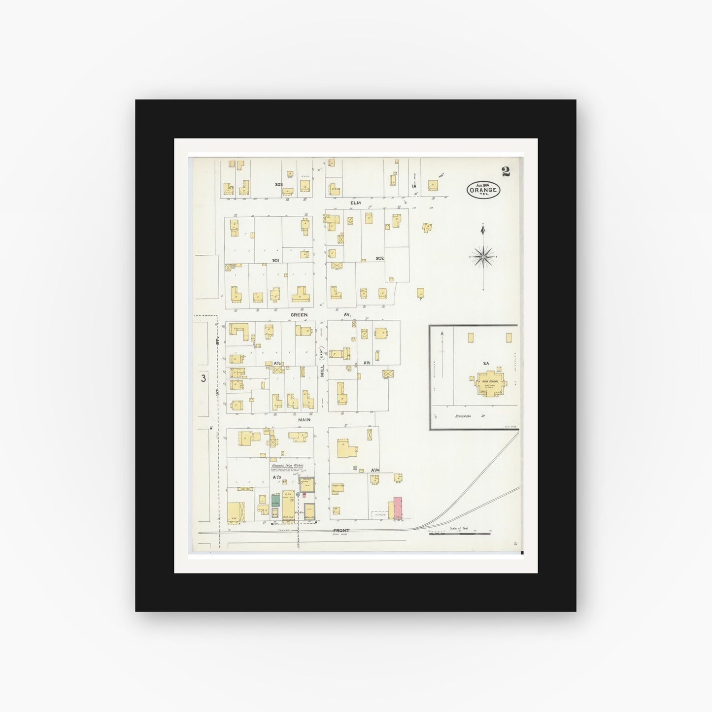 Old map wall art mockup — black gallery frame with white mat — Sanborn Fire Insurance Map from Orange, Orange County, Texas (1904), Sheet #0002