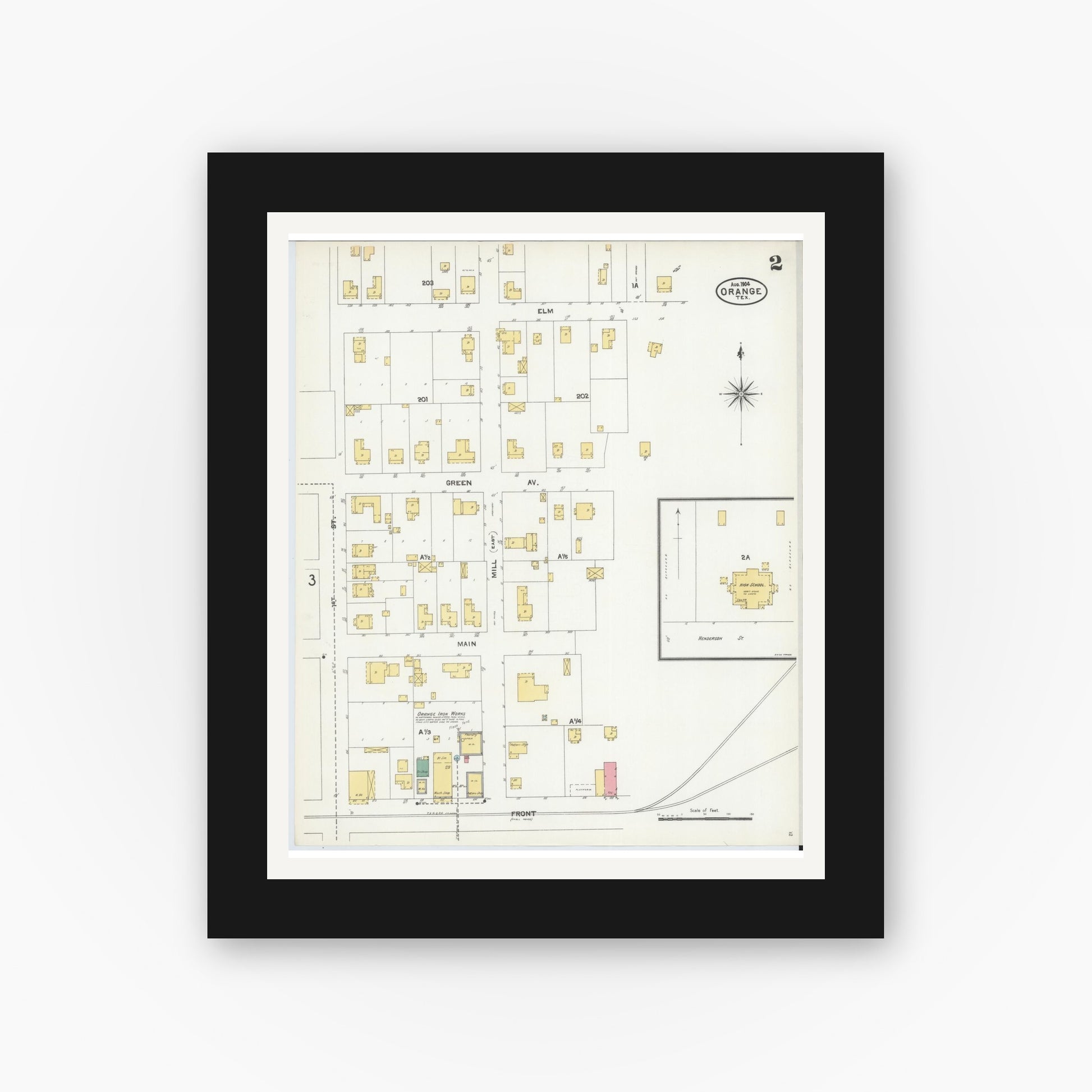 Old map wall art mockup — black gallery frame with white mat — Sanborn Fire Insurance Map from Orange, Orange County, Texas (1904), Sheet #0002
