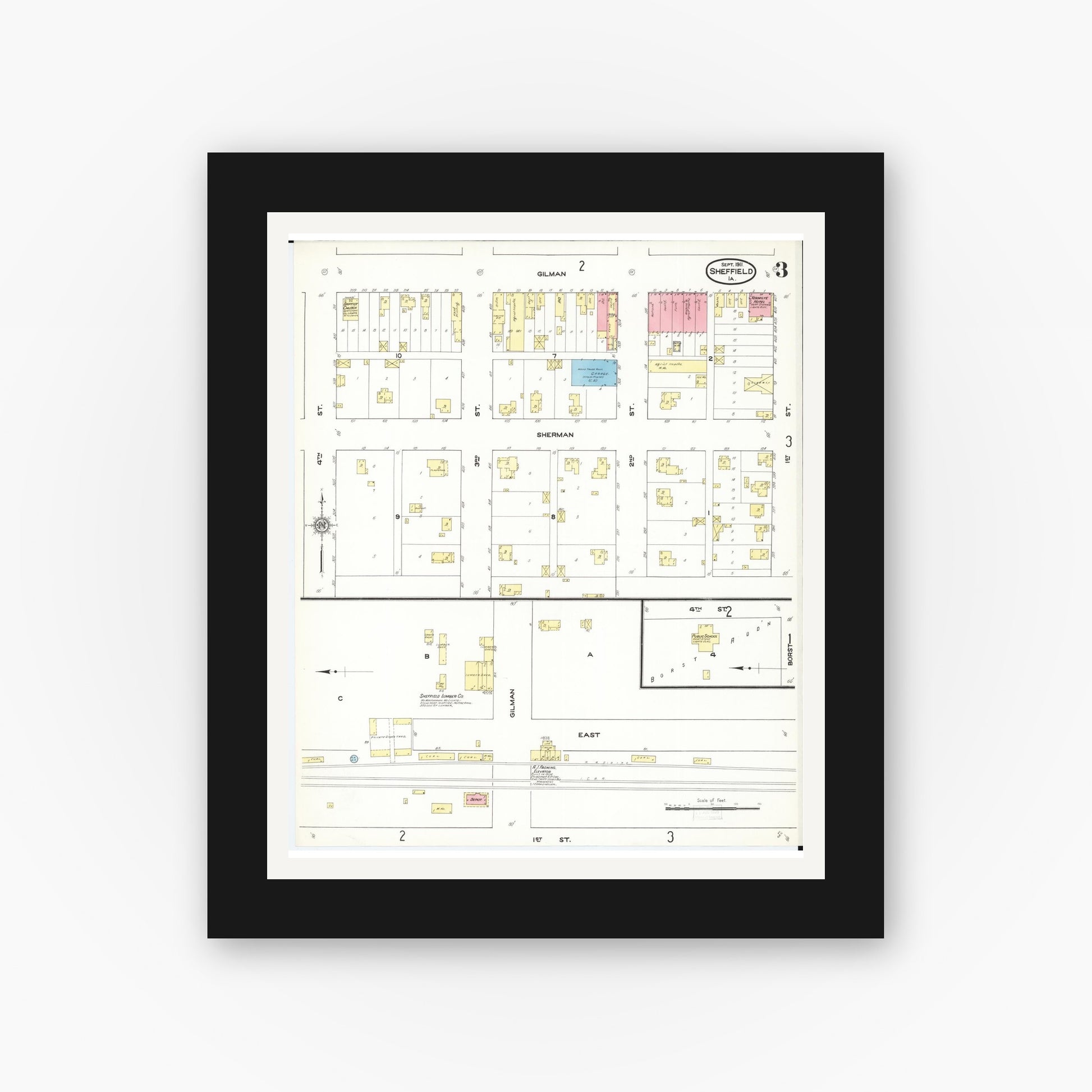 Old map wall art mockup — black gallery frame with white mat — Sanborn Fire Insurance Map from Sheffield, Franklin County, Iowa (1911), Sheet #0003