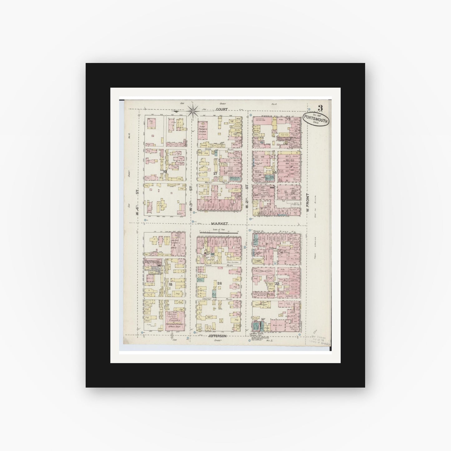 Old map wall art mockup — black gallery frame with white mat — Sanborn Fire Insurance Map from Portsmouth, Scioto County, Ohio (1887), Sheet #0003