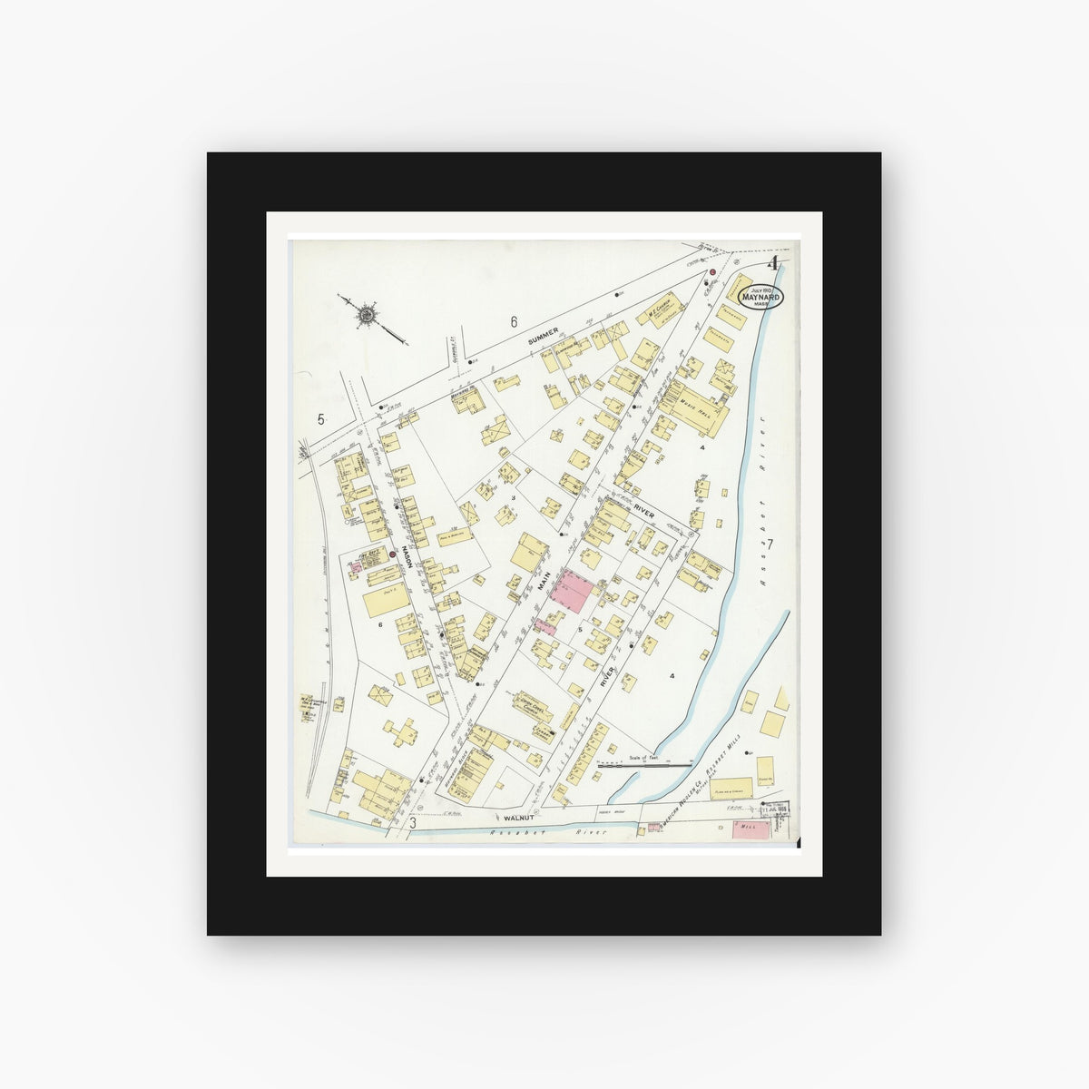 Old map wall art mockup — black gallery frame with white mat — Sanborn Fire Insurance Map from Maynard, Middlesex County, Massachusetts (1910), Sheet #0004