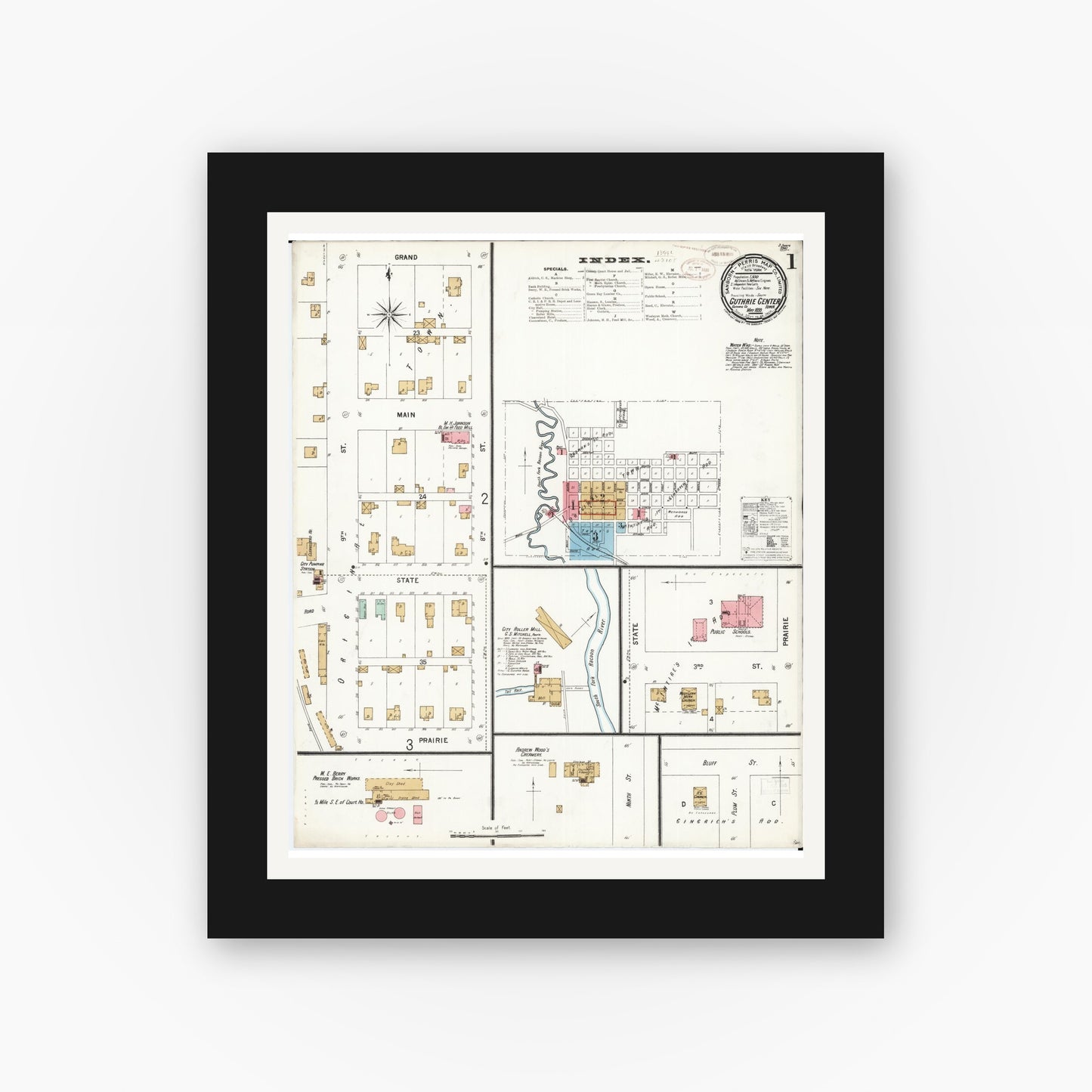 Old map wall art mockup — black gallery frame with white mat — Sanborn Fire Insurance Map from Guthrie Center, Guthrie County, Iowa (1899) â€” Complete Set