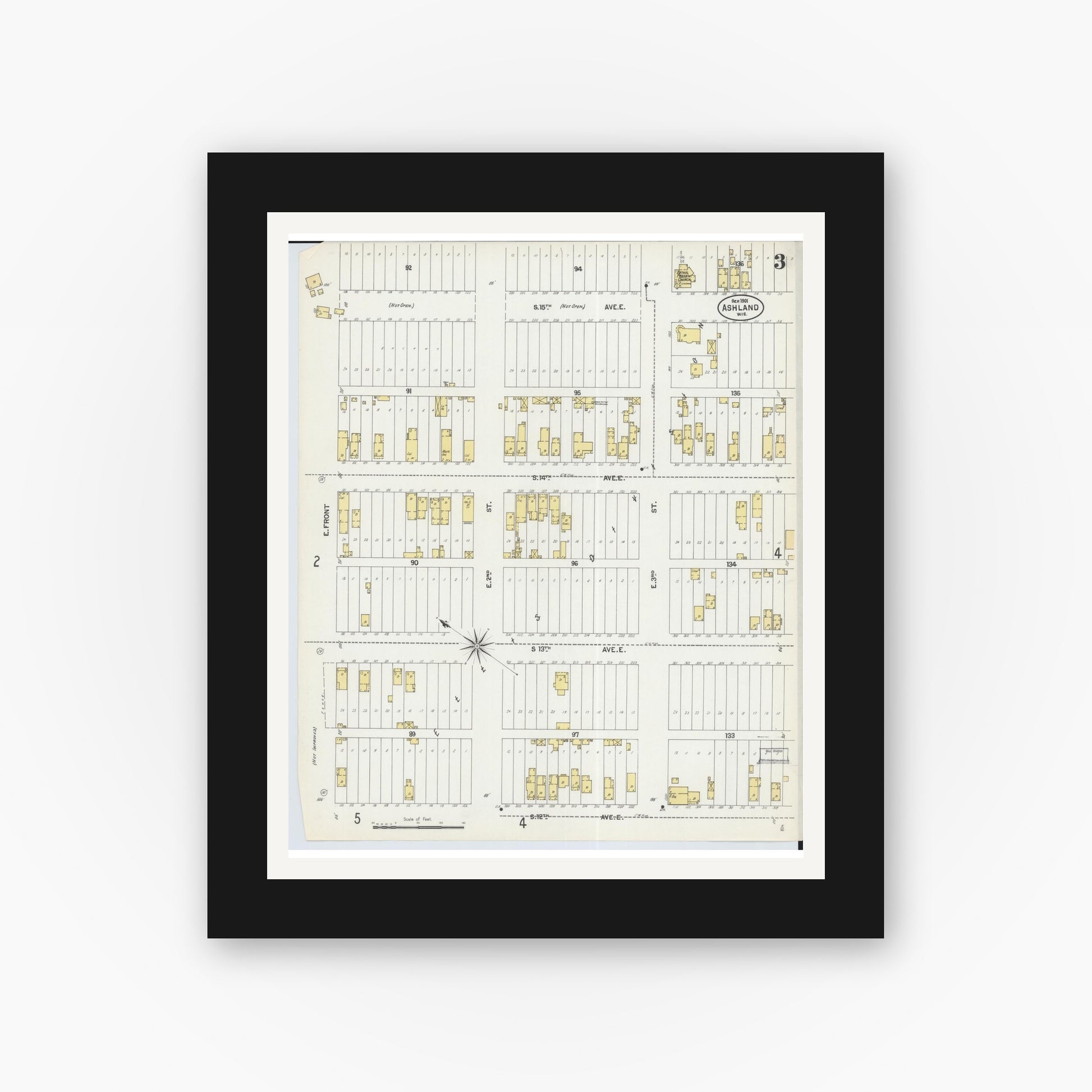 Old map wall art mockup — black gallery frame with white mat — Sanborn Fire Insurance Map from Ashland, Ashland County, Wisconsin (1901), Sheet #0003