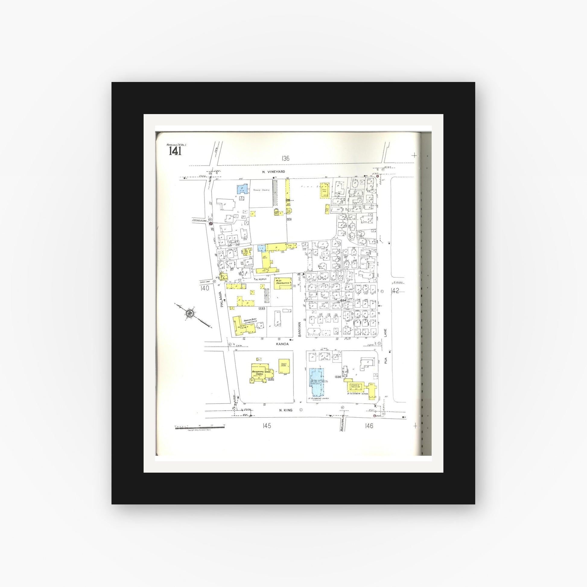 Old map wall art mockup — black gallery frame with white mat — Sanborn Fire Insurance Map from Honolulu, Oahu County, Hawaii (1955), Sheet #0141