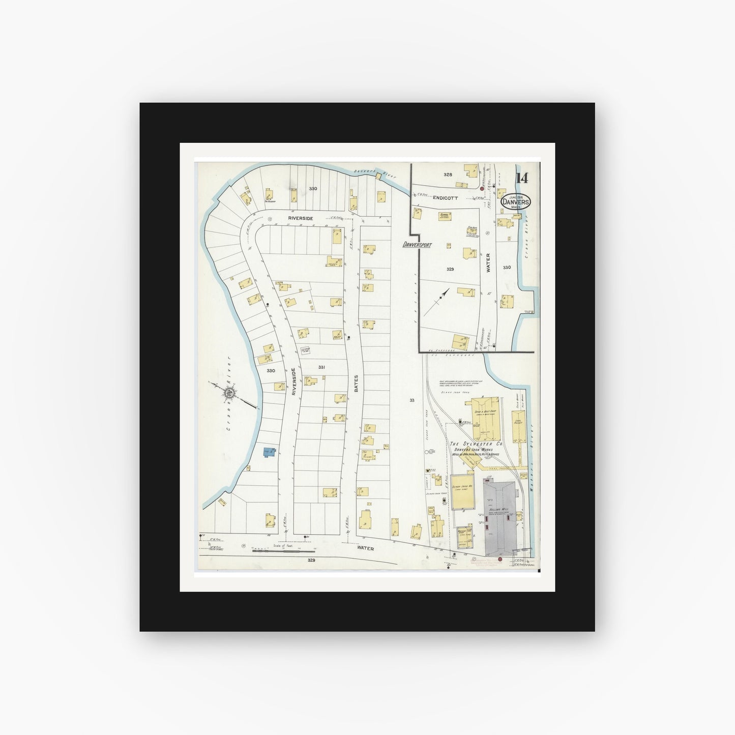 Old map wall art mockup — black gallery frame with white mat — Sanborn Fire Insurance Map from Danvers, Essex County, Massachusetts (1916), Sheet #0014