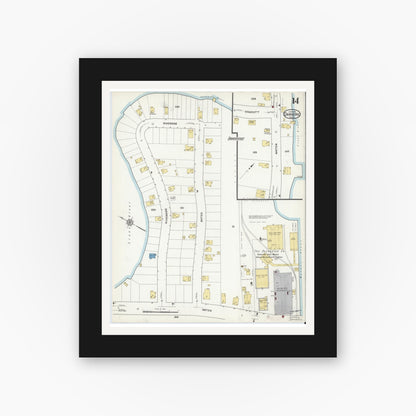 Old map wall art mockup — black gallery frame with white mat — Sanborn Fire Insurance Map from Danvers, Essex County, Massachusetts (1916), Sheet #0014