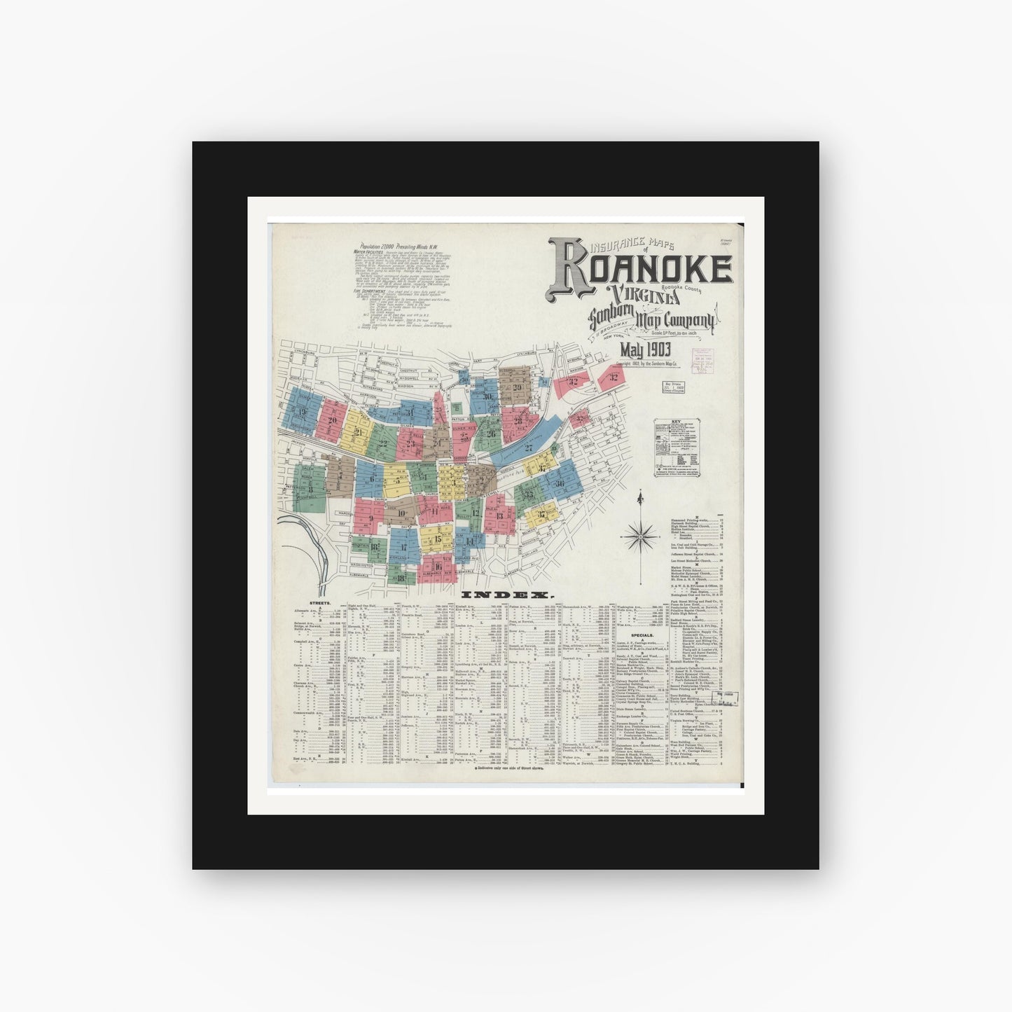 Old map wall art mockup — black gallery frame with white mat — Sanborn Fire Insurance Map from Roanoke, Independent Cities, Virginia (1903), Sheet #0001
