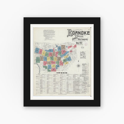 Old map wall art mockup — black gallery frame with white mat — Sanborn Fire Insurance Map from Roanoke, Independent Cities, Virginia (1903), Sheet #0001