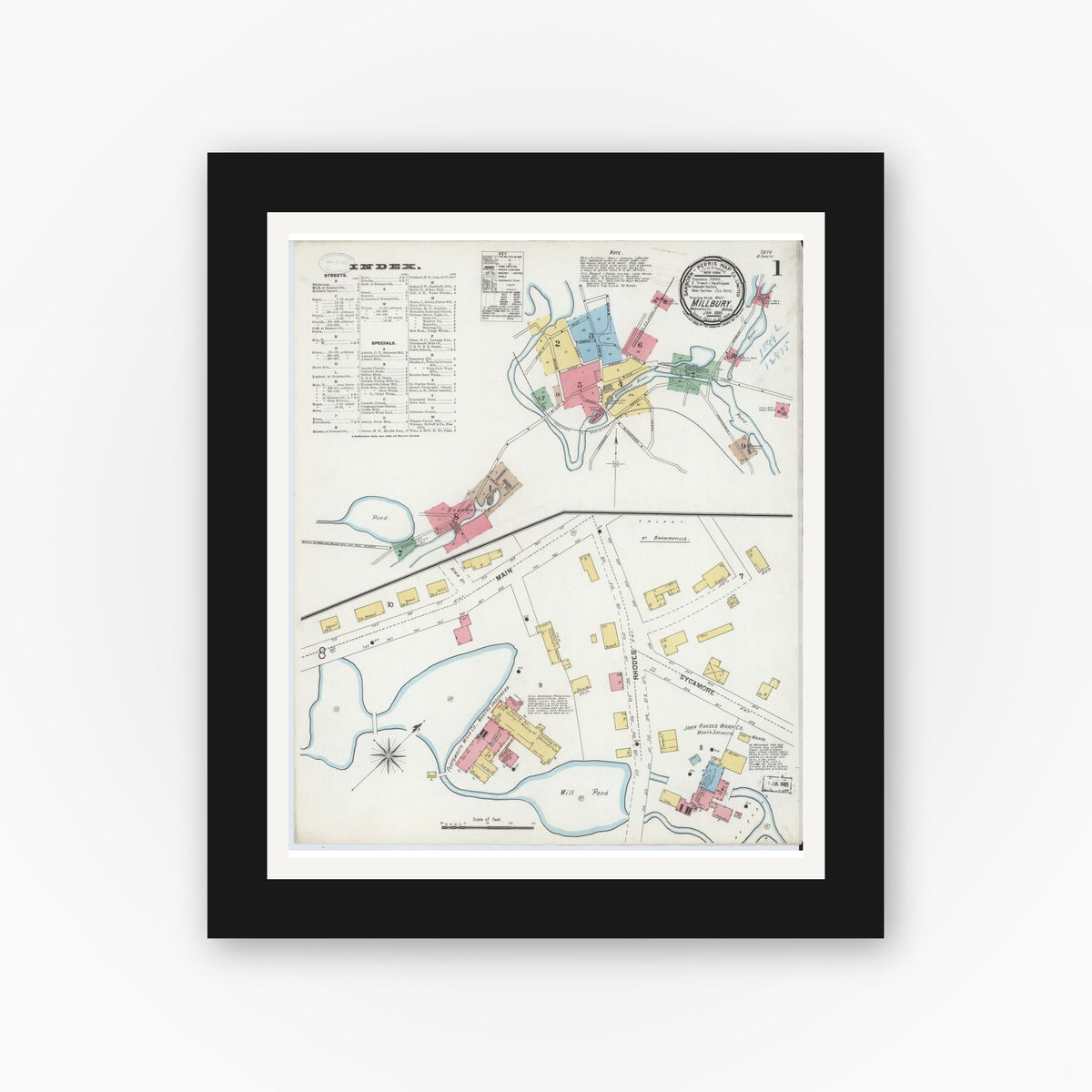Old map wall art mockup — black gallery frame with white mat — Sanborn Fire Insurance Map from Millbury, Worcester County, Massachusetts (1899) - Complete Map Set