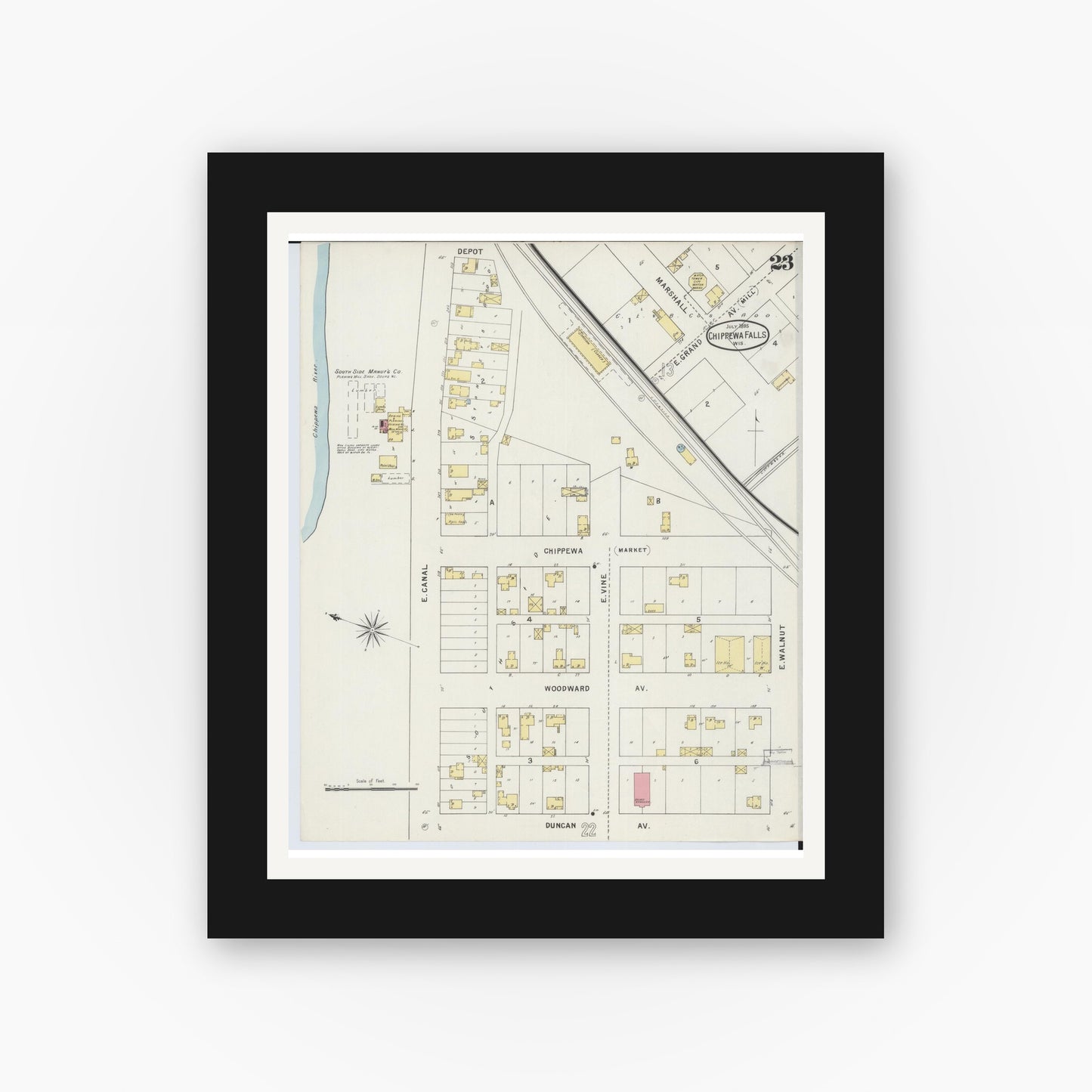 Old map wall art mockup — black gallery frame with white mat — Sanborn Fire Insurance Map from Chippewa Falls, Chippewa County, Wisconsin (1895), Sheet #0023
