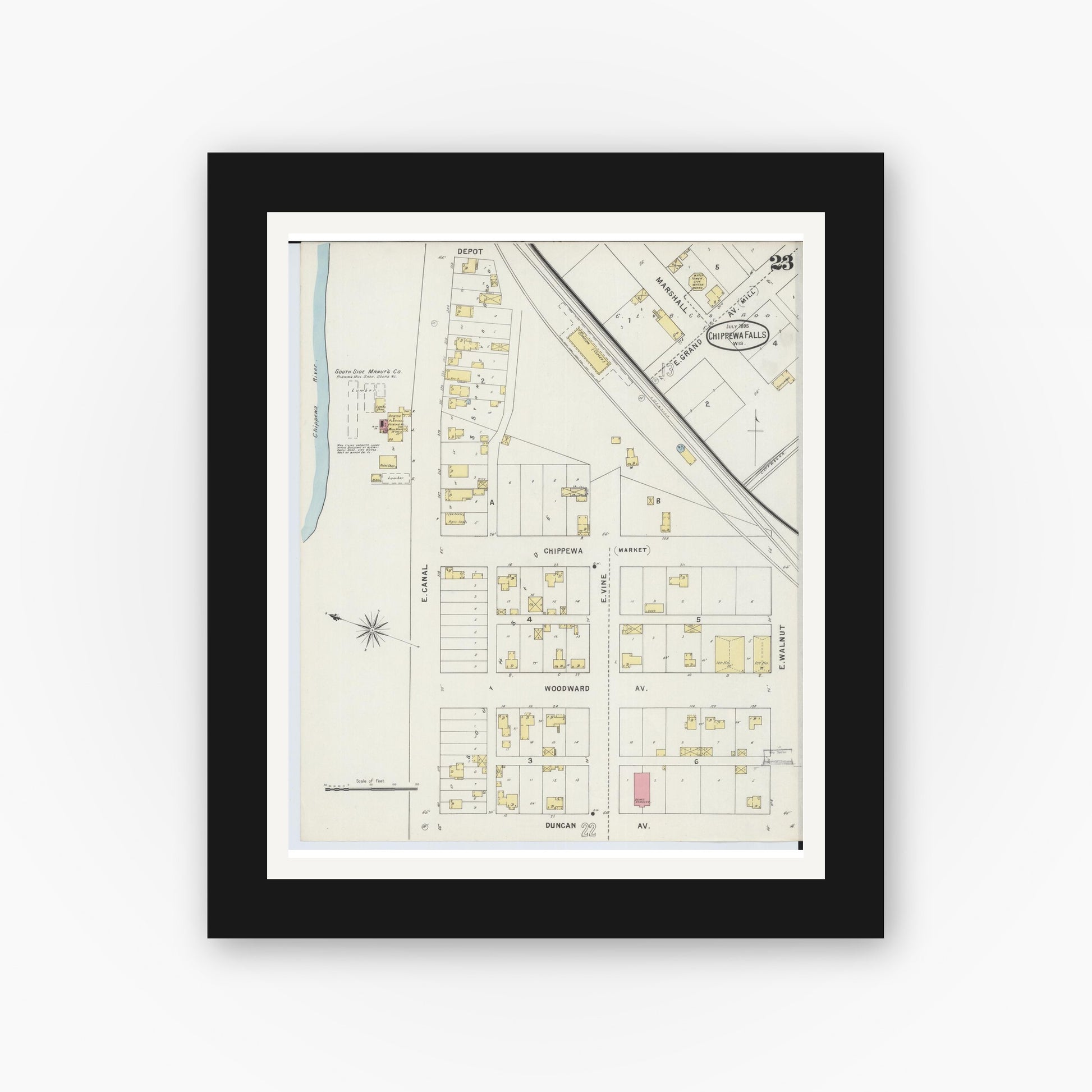 Old map wall art mockup — black gallery frame with white mat — Sanborn Fire Insurance Map from Chippewa Falls, Chippewa County, Wisconsin (1895), Sheet #0023