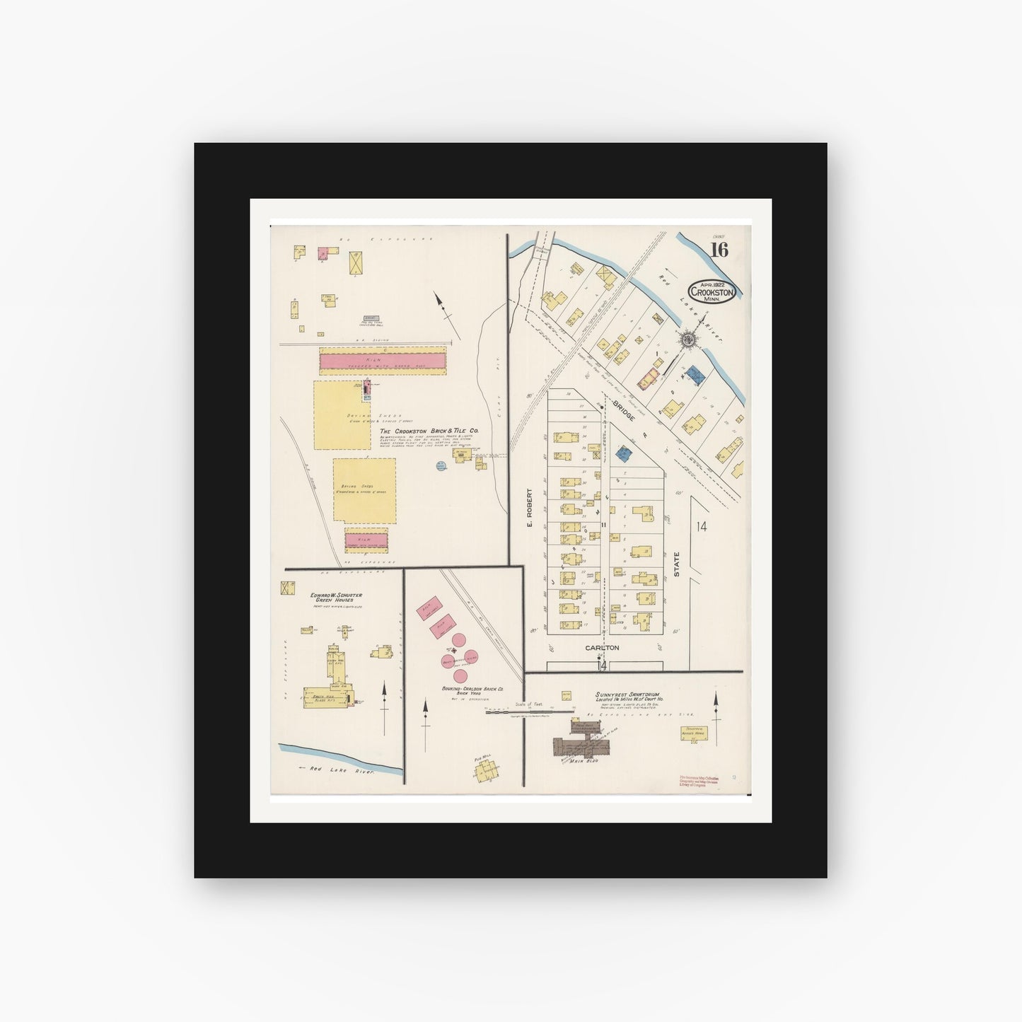 Old map wall art mockup — black gallery frame with white mat — Sanborn Fire Insurance Map from Crookston, Polk County, Minnesota (1922), Sheet #0016