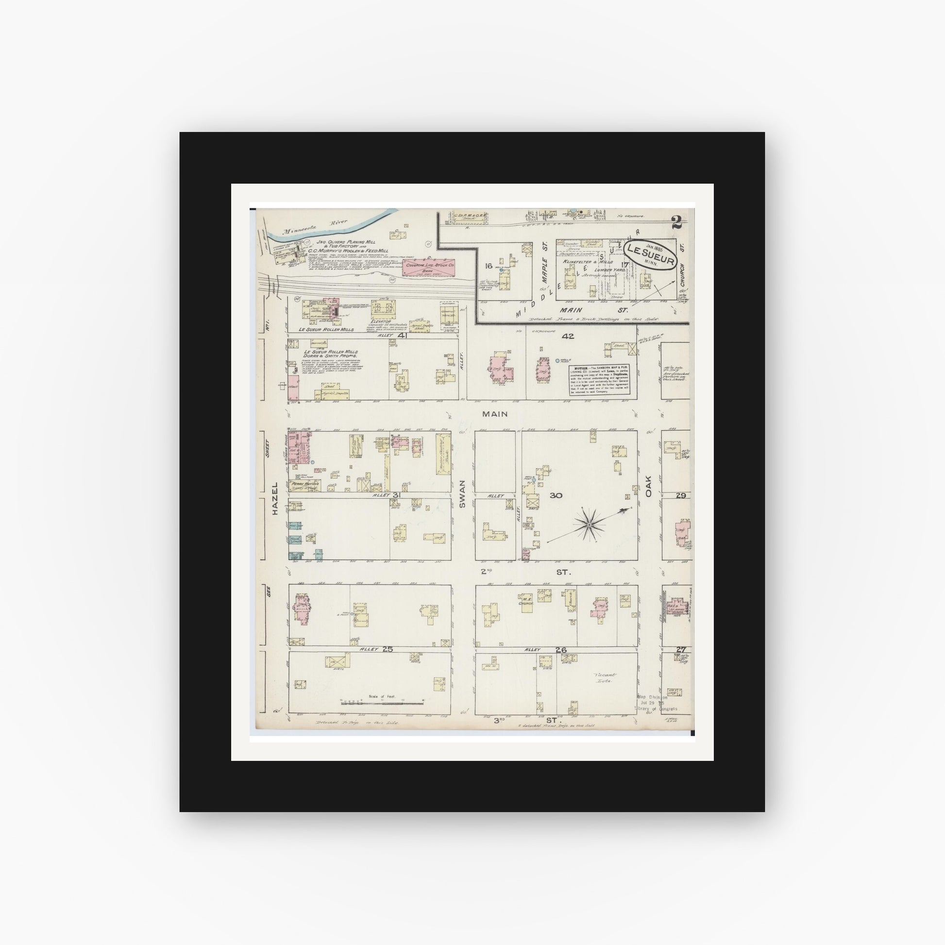 Old map wall art mockup — black gallery frame with white mat — Sanborn Fire Insurance Map from Le Sueur, Le Sueur County, Minnesota (1885), Sheet #0002