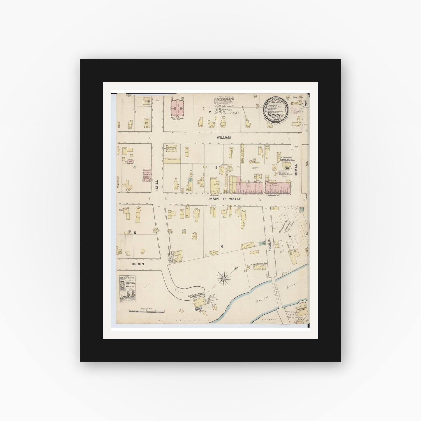 Old map wall art mockup — black gallery frame with white mat — Sanborn Fire Insurance Map from Huron, Erie County, Ohio (1888), Sheet #0001