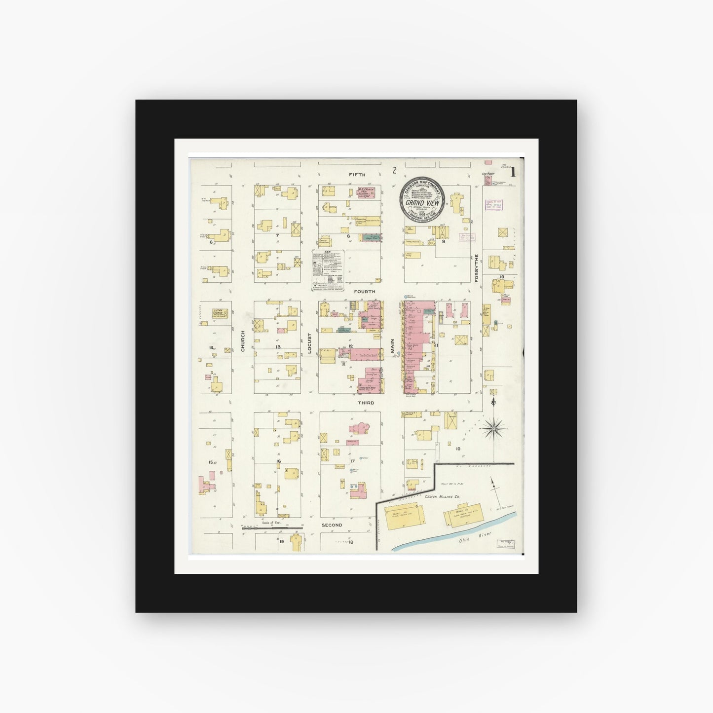 Old map wall art mockup — black gallery frame with white mat — Sanborn Fire Insurance Map from Grand View, Spencer County, Indiana (1909) - Complete Map Set