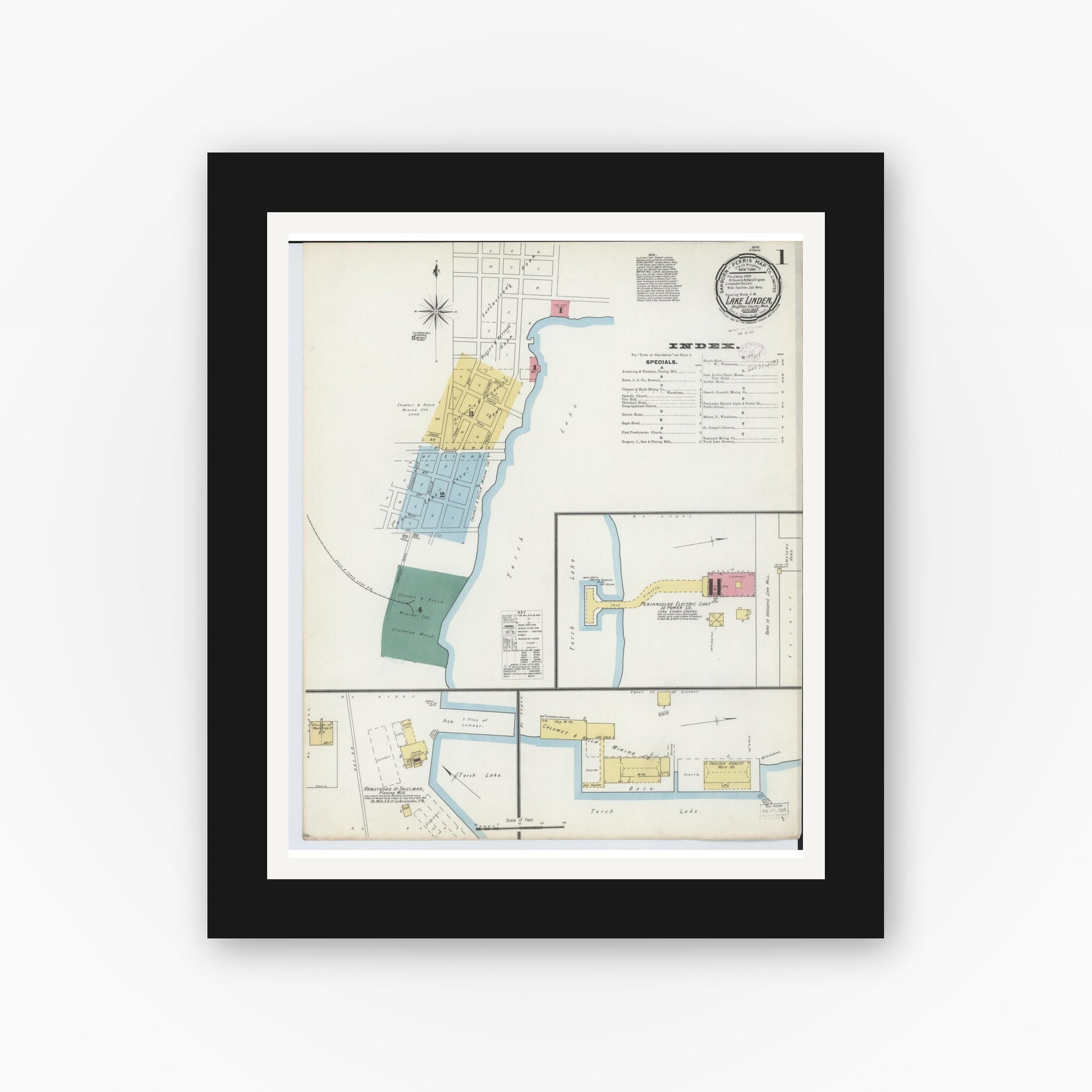 Old map wall art mockup — black gallery frame with white mat — Sanborn Fire Insurance Map from Lake Linden, Houghton County, Michigan (1893) - Complete Map Set