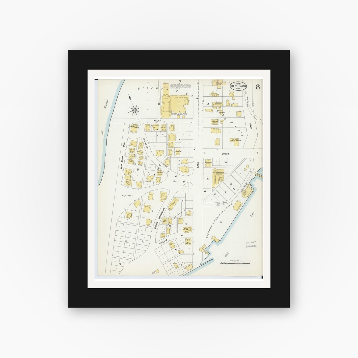 Old map wall art mockup — black gallery frame with white mat — Sanborn Fire Insurance Map from South Haven, Van Buren County, Michigan (1902), Sheet #0008