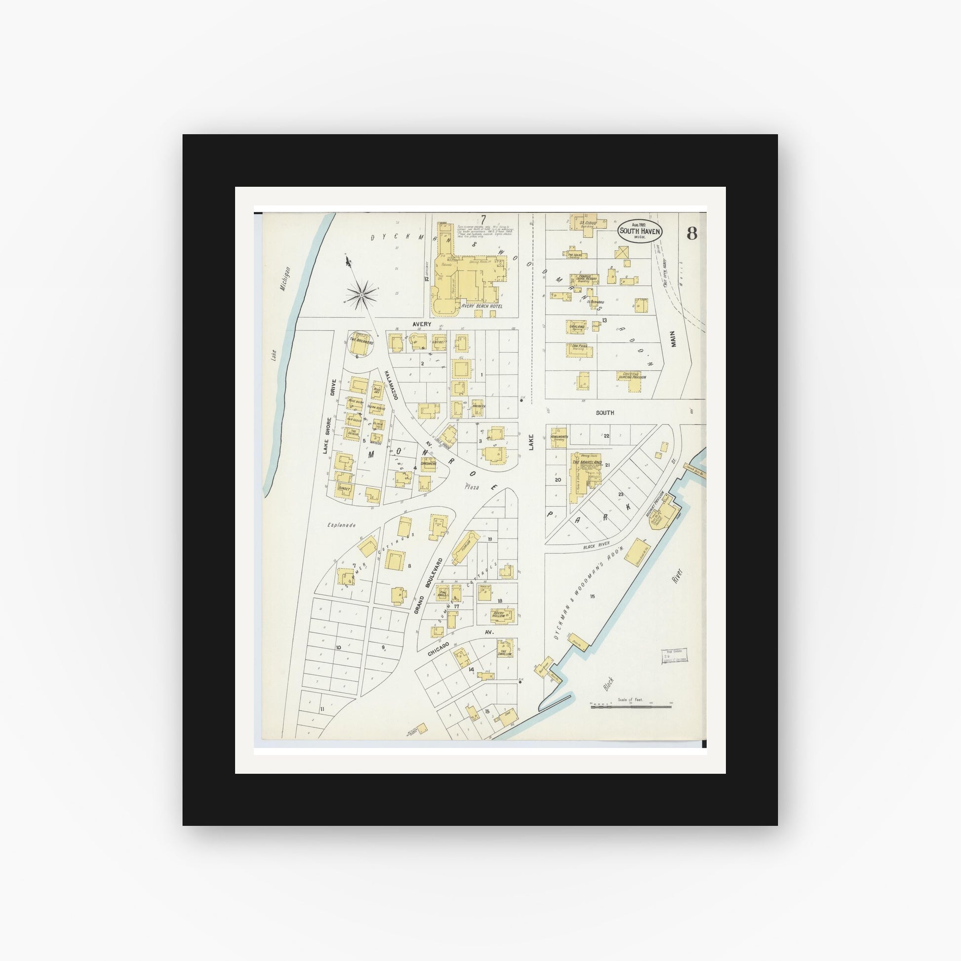 Old map wall art mockup — black gallery frame with white mat — Sanborn Fire Insurance Map from South Haven, Van Buren County, Michigan (1902), Sheet #0008