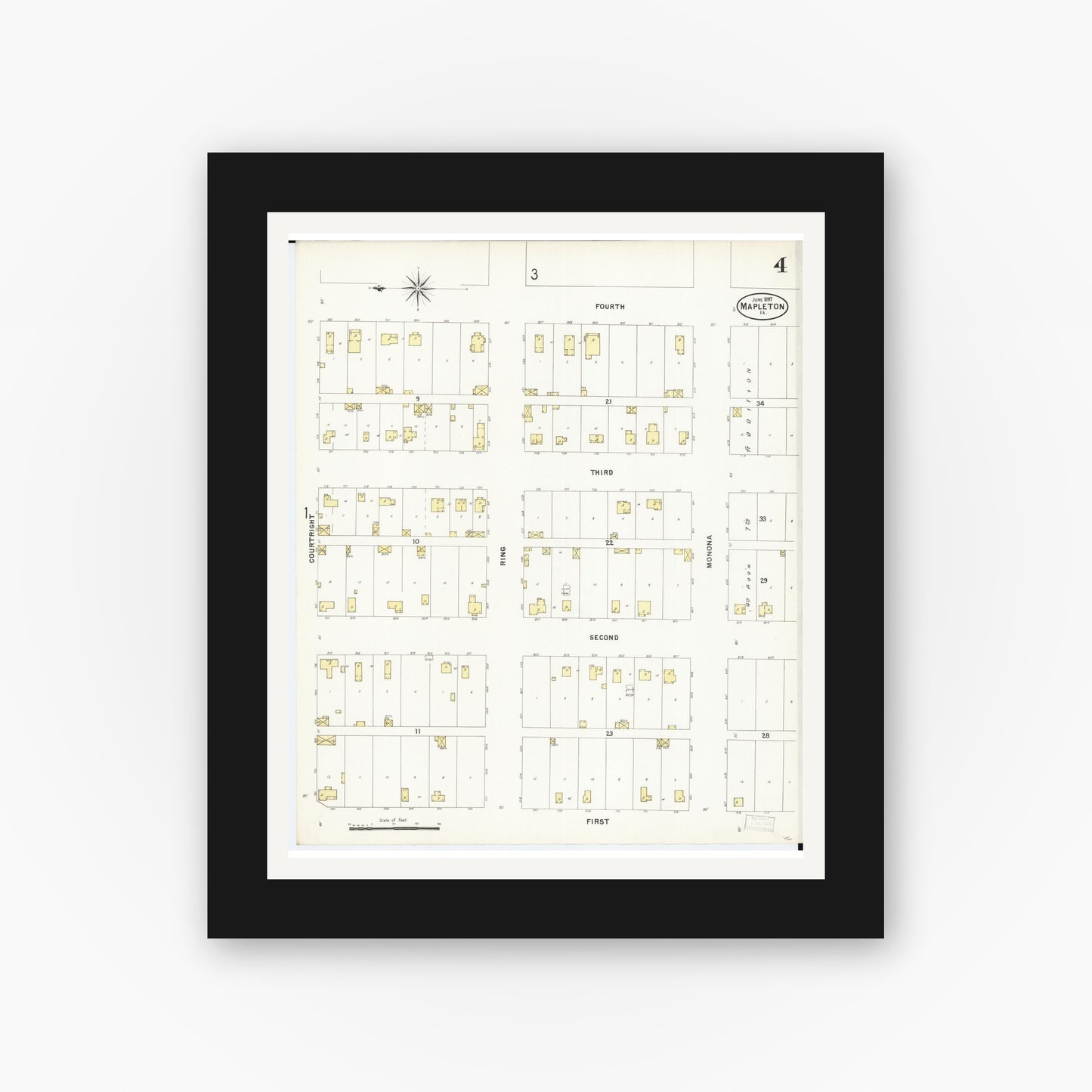 Old map wall art mockup — black gallery frame with white mat — Sanborn Fire Insurance Map from Mapleton, Monona County, Iowa (1897), Sheet #0004