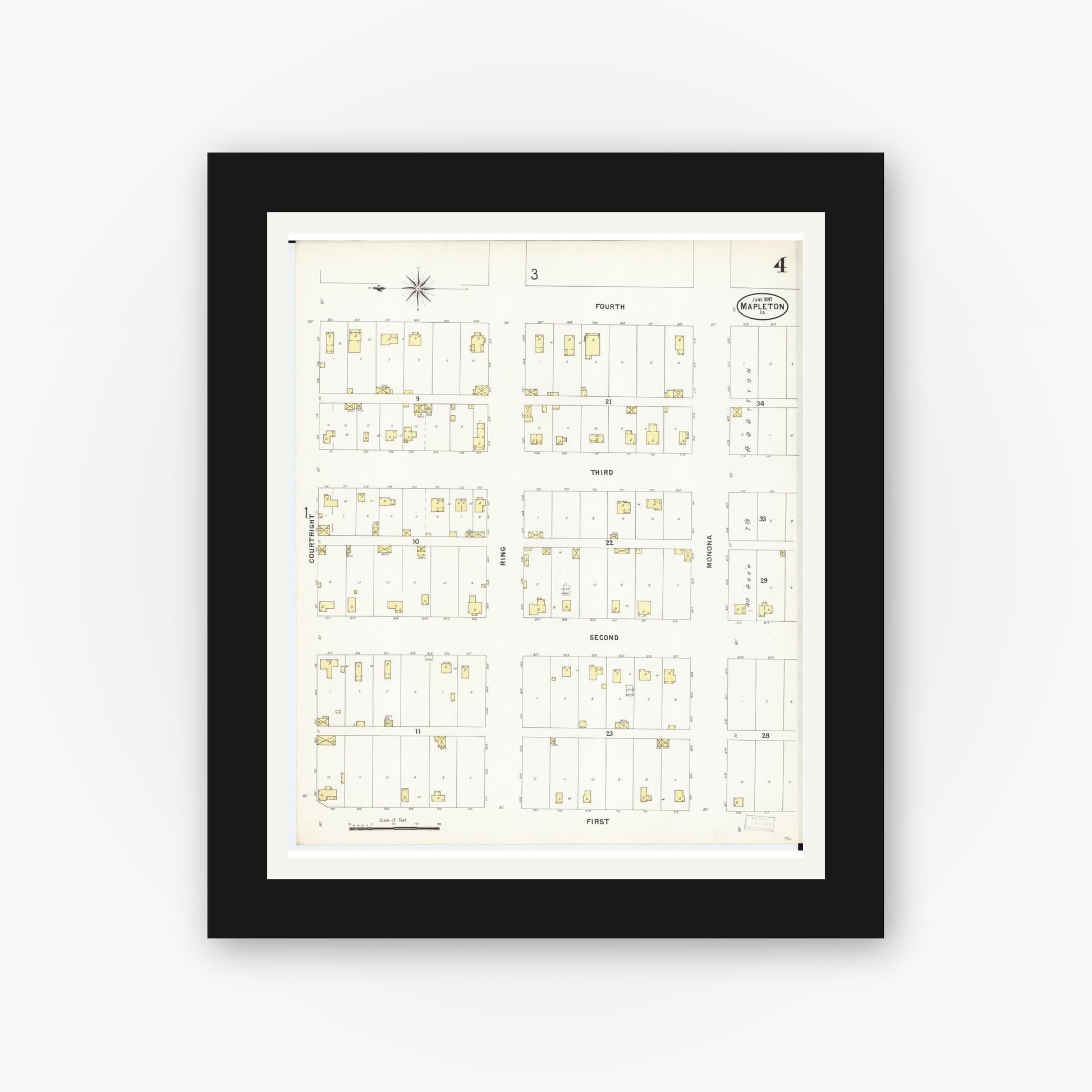 Old map wall art mockup — black gallery frame with white mat — Sanborn Fire Insurance Map from Mapleton, Monona County, Iowa (1897), Sheet #0004