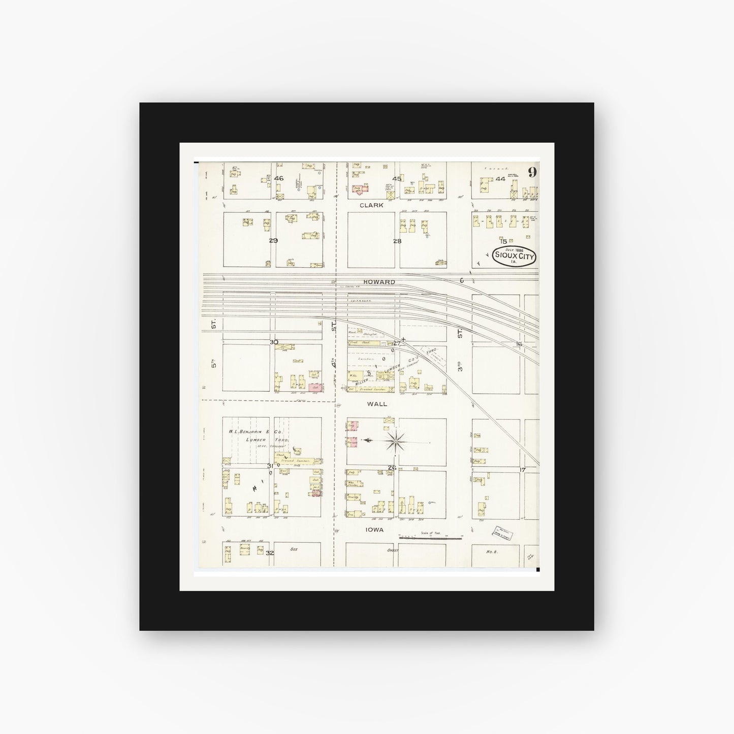 Old map wall art mockup — black gallery frame with white mat — Sanborn Fire Insurance Map from Sioux City, Woodbury County, Iowa (1886), Sheet #0009