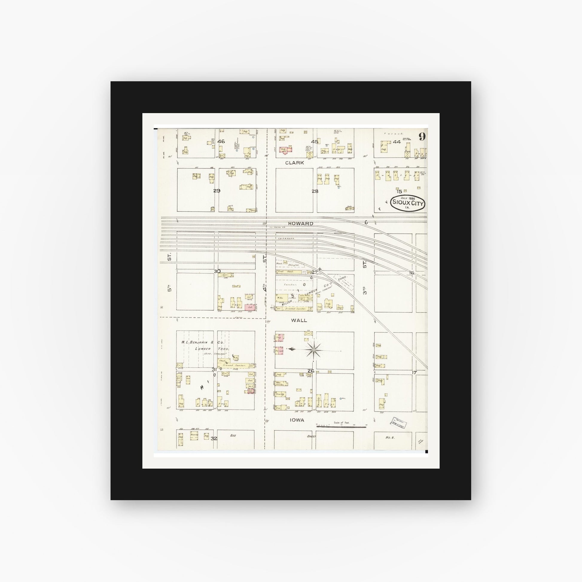 Old map wall art mockup — black gallery frame with white mat — Sanborn Fire Insurance Map from Sioux City, Woodbury County, Iowa (1886), Sheet #0009