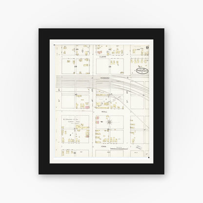 Old map wall art mockup — black gallery frame with white mat — Sanborn Fire Insurance Map from Sioux City, Woodbury County, Iowa (1886), Sheet #0009