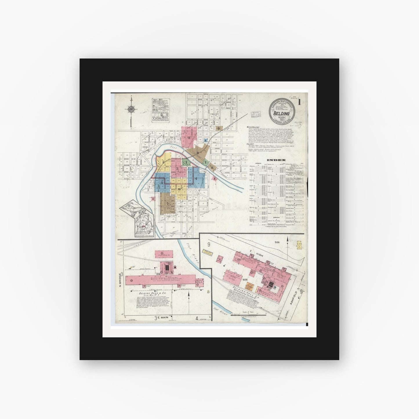 Old map wall art mockup — black gallery frame with white mat — Sanborn Fire Insurance Map from Belding, Ionia County, Michigan (1918), Sheet #0001