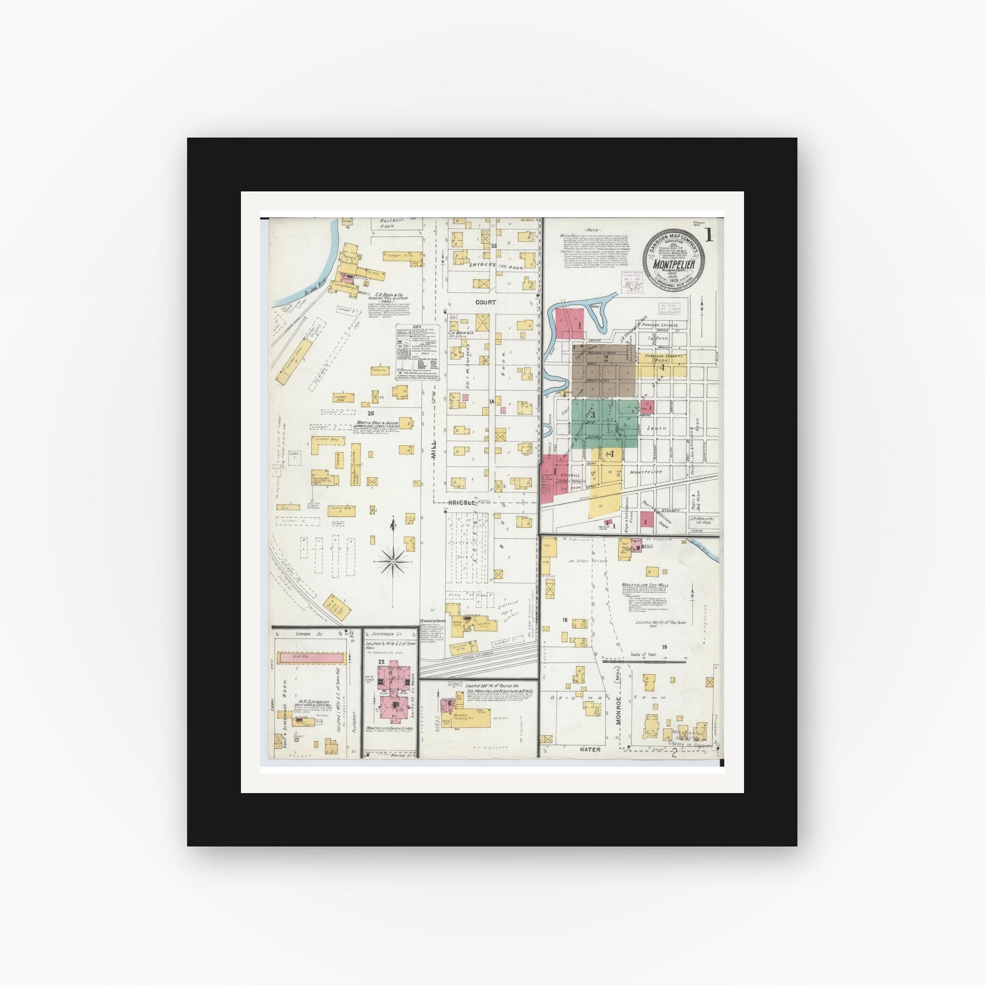 Old map wall art mockup — black gallery frame with white mat — Sanborn Fire Insurance Map from Montpelier, Williams County, Ohio (1905), Sheet #0001