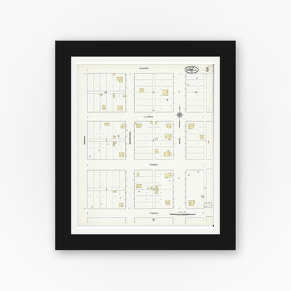 Old map wall art mockup — black gallery frame with white mat — Sanborn Fire Insurance Map from Crowell, Foard County, Texas (1921), Sheet #0003