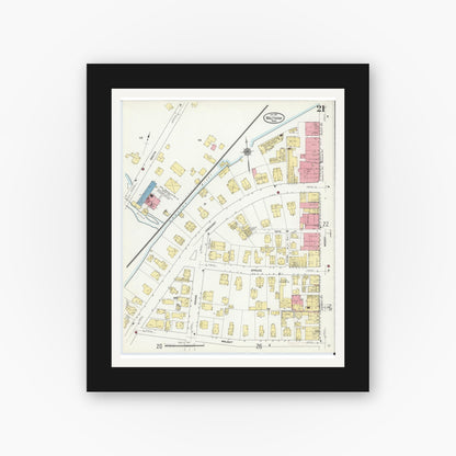 Old map wall art mockup — black gallery frame with white mat — Sanborn Fire Insurance Map from Waltham, Middlesex County, Massachusetts (1911), Sheet #0021