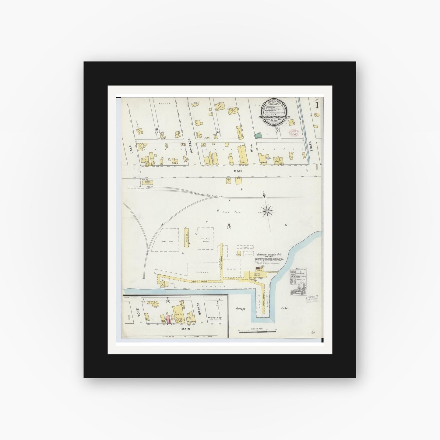Old map wall art mockup — black gallery frame with white mat — Sanborn Fire Insurance Map from Onekama, Manistee County, Michigan (1895) - Complete Map Set