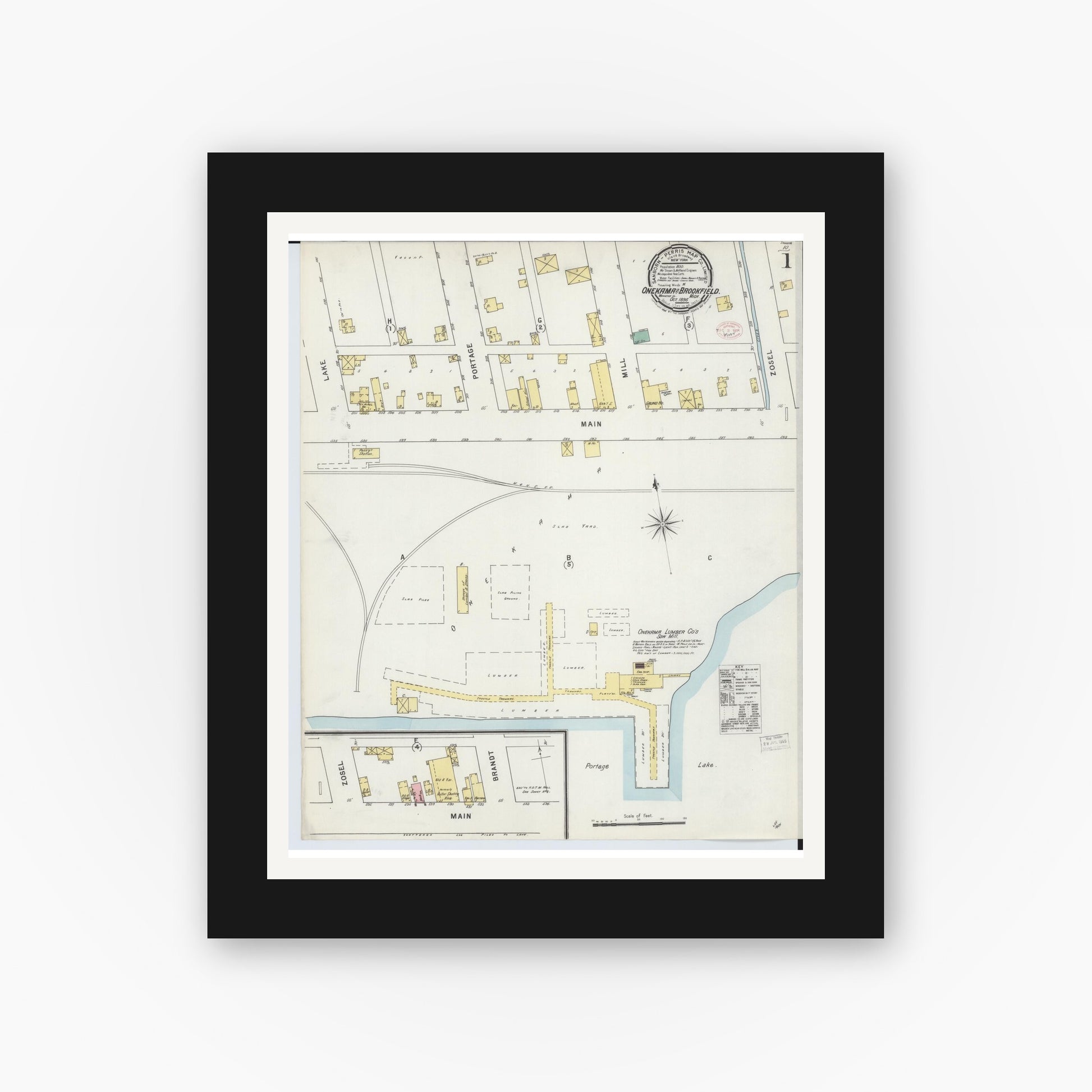 Old map wall art mockup — black gallery frame with white mat — Sanborn Fire Insurance Map from Onekama, Manistee County, Michigan (1895) - Complete Map Set