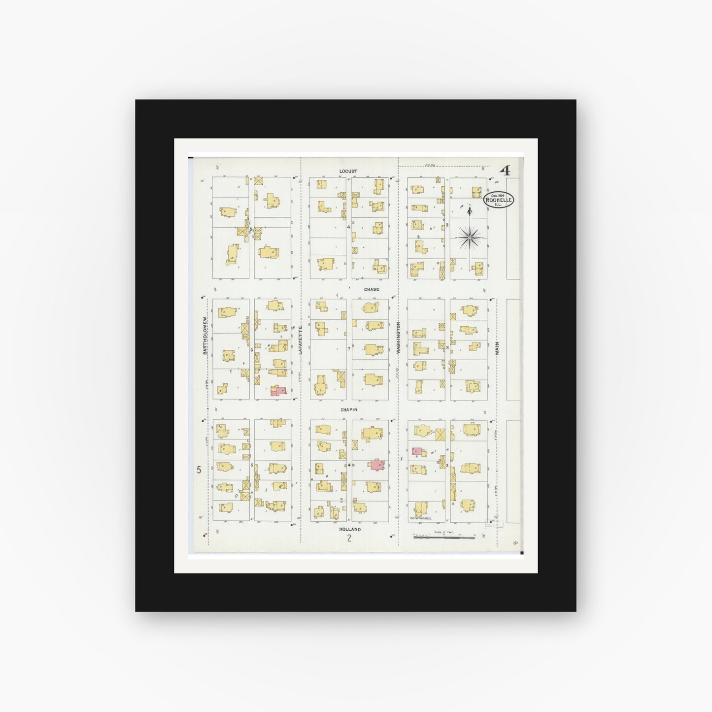 Old map wall art mockup — black gallery frame with white mat — Sanborn Fire Insurance Map from Rochelle, Ogle County, Illinois (1904), Sheet #0004
