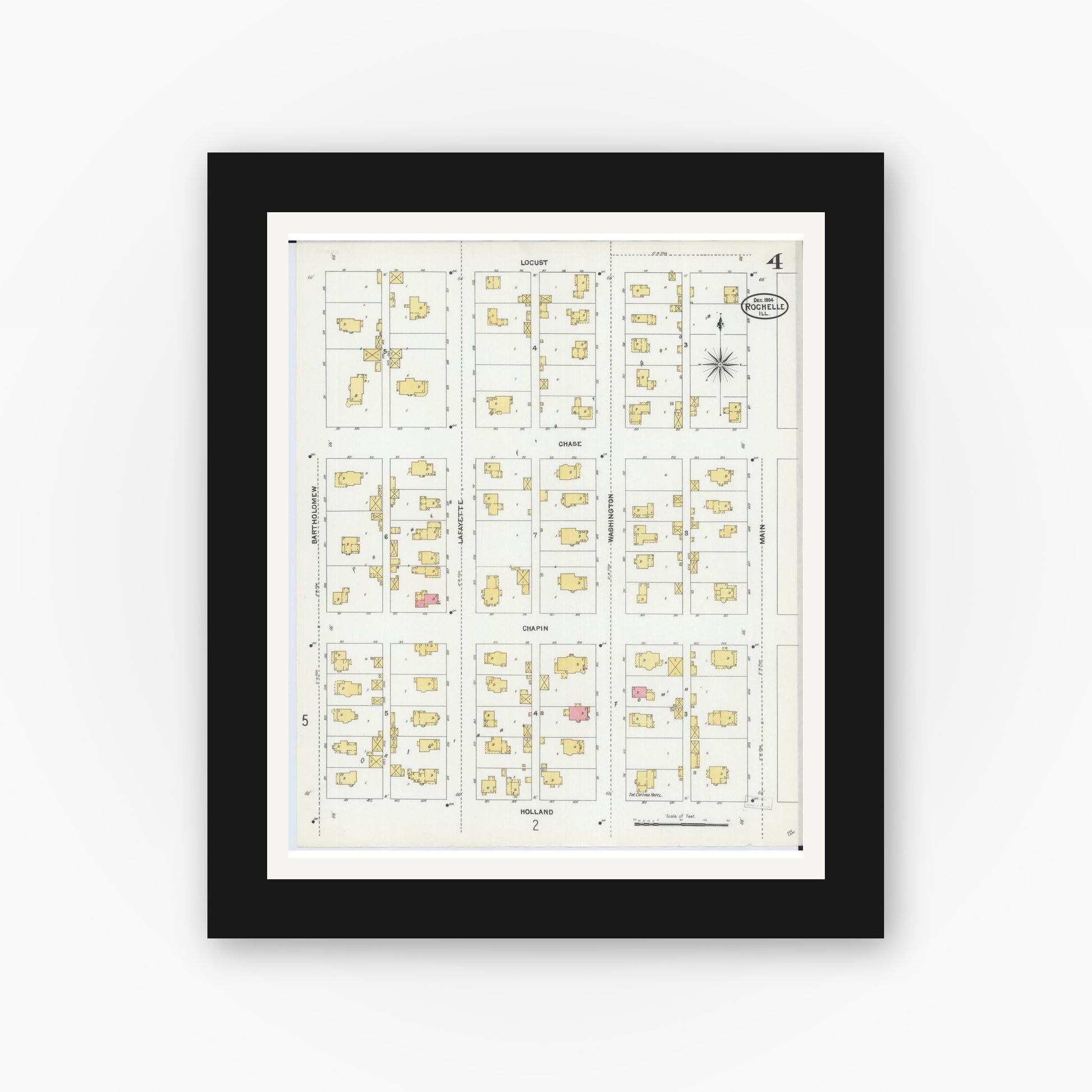 Old map wall art mockup — black gallery frame with white mat — Sanborn Fire Insurance Map from Rochelle, Ogle County, Illinois (1904), Sheet #0004