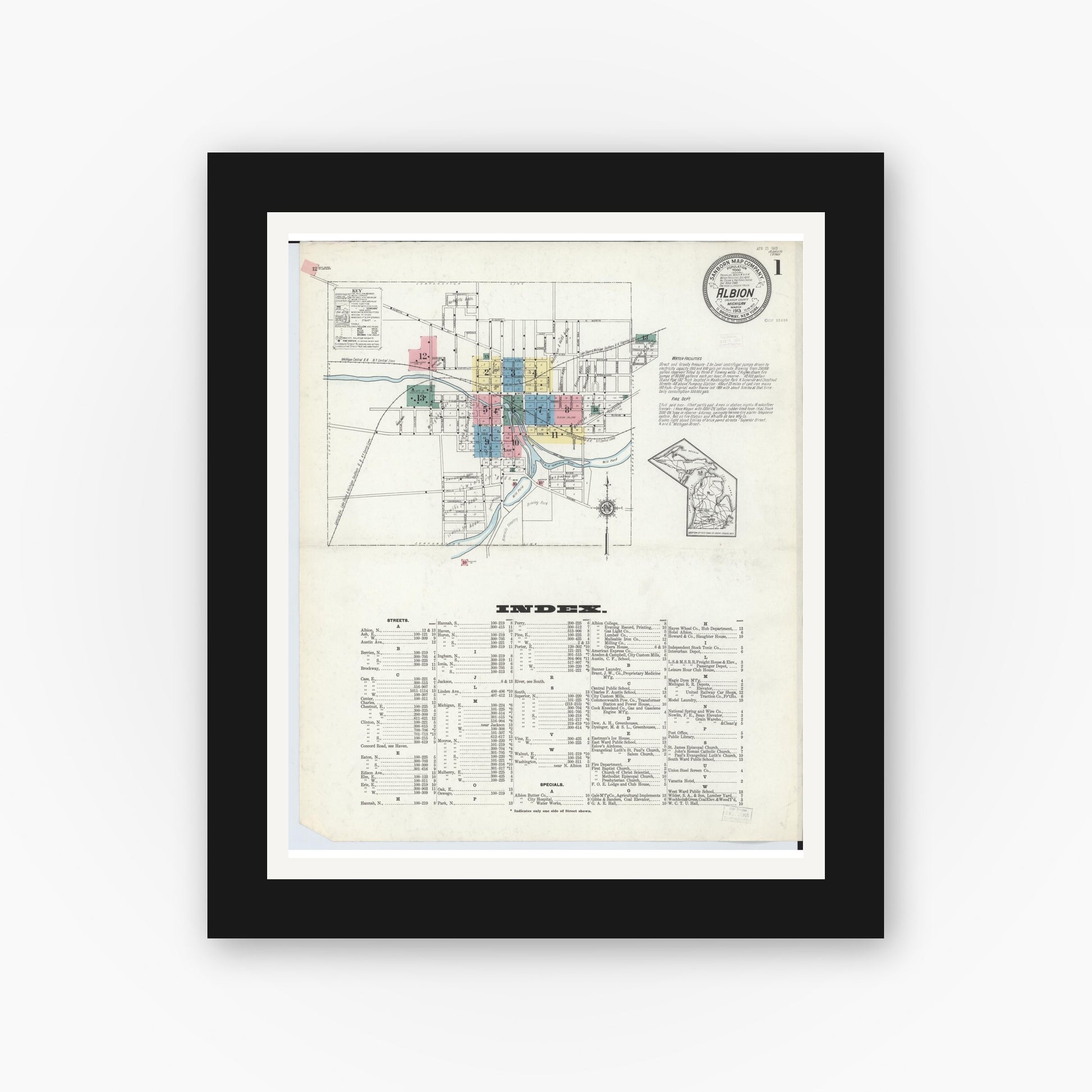 Old map wall art mockup — black gallery frame with white mat — Sanborn Fire Insurance Map from Albion, Calhoun County, Michigan (1913), Sheet #0001