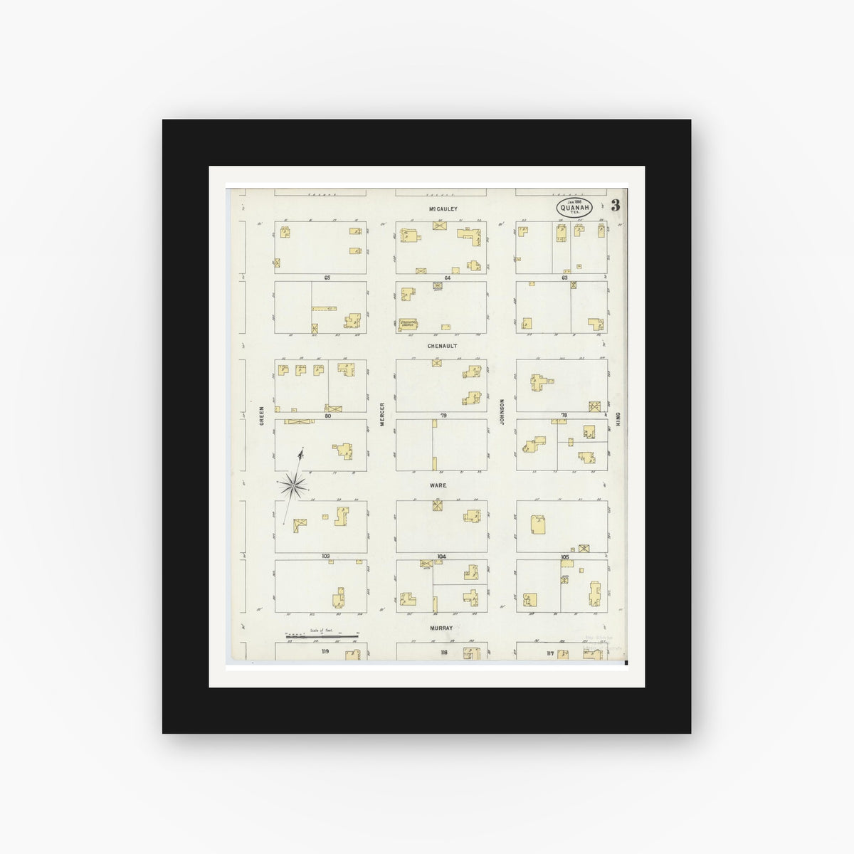 Old map wall art mockup — black gallery frame with white mat — Sanborn Fire Insurance Map from Quanah, Hardeman County, Texas (1898), Sheet #0003