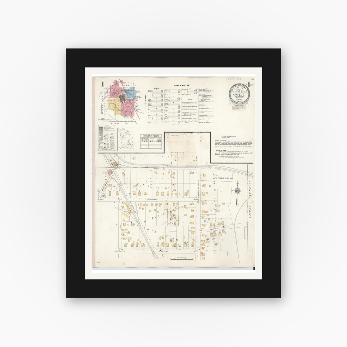 Old map wall art mockup — black gallery frame with white mat — Sanborn Fire Insurance Map from Oxford, Oakland County, Michigan (1945) - Complete Map Set