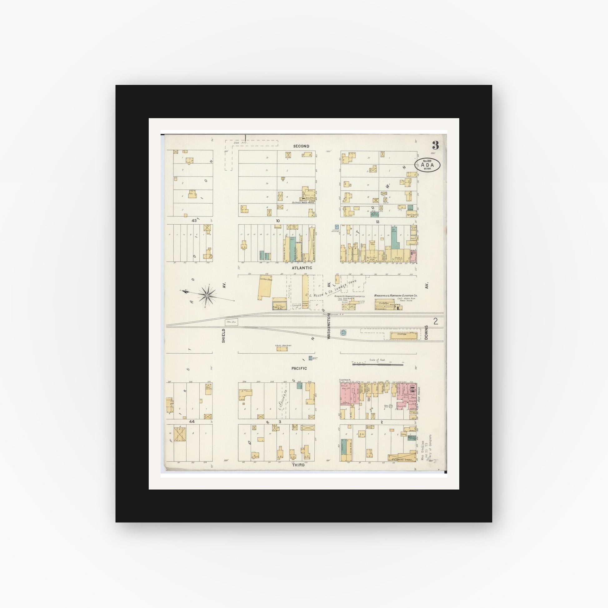 Old map wall art mockup — black gallery frame with white mat — Sanborn Fire Insurance Map from Ada, Norman County, Minnesota (1899), Sheet #0003