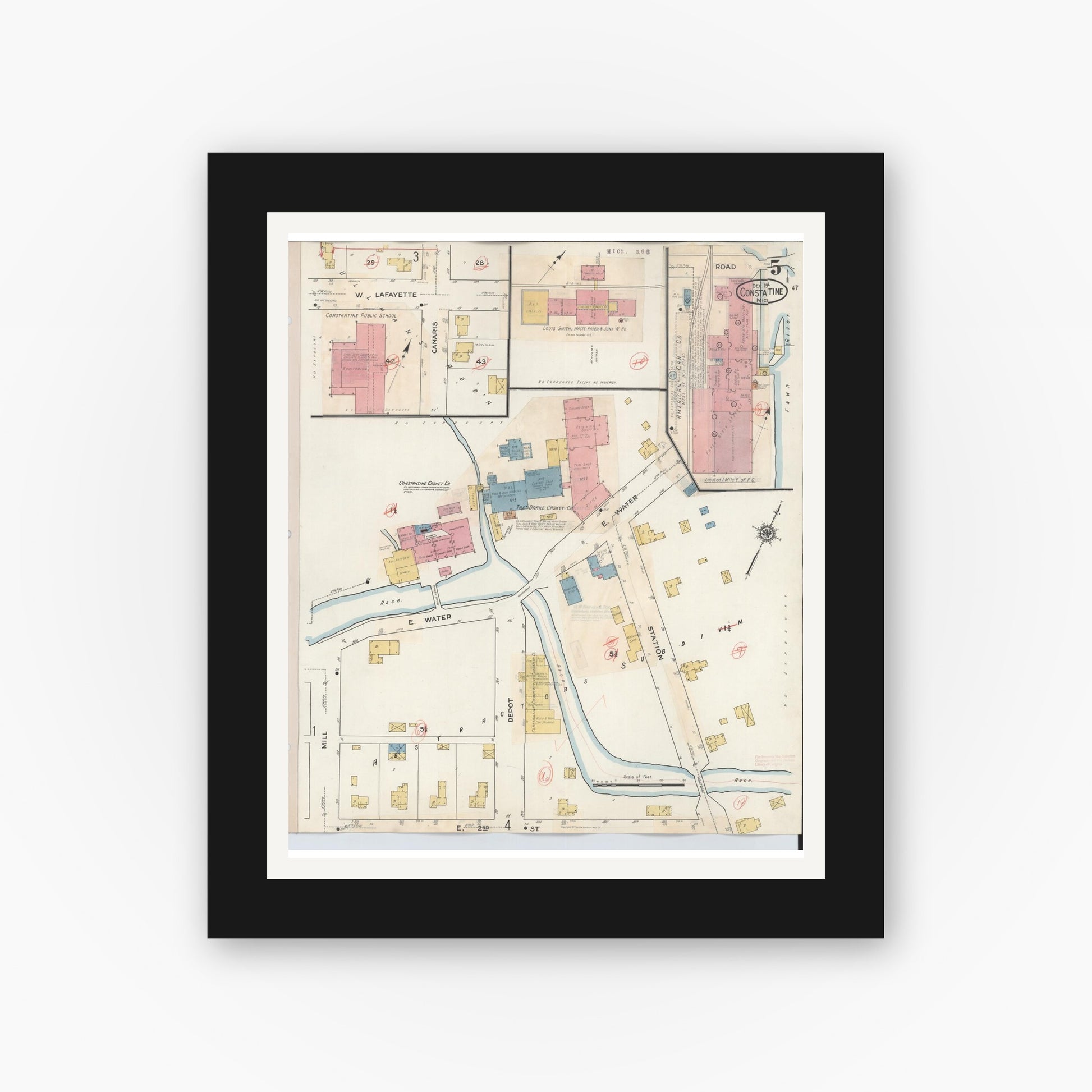 Old map wall art mockup — black gallery frame with white mat — Sanborn Fire Insurance Map from Constantine, Saint Joseph County, Michigan (1932), Sheet #0005