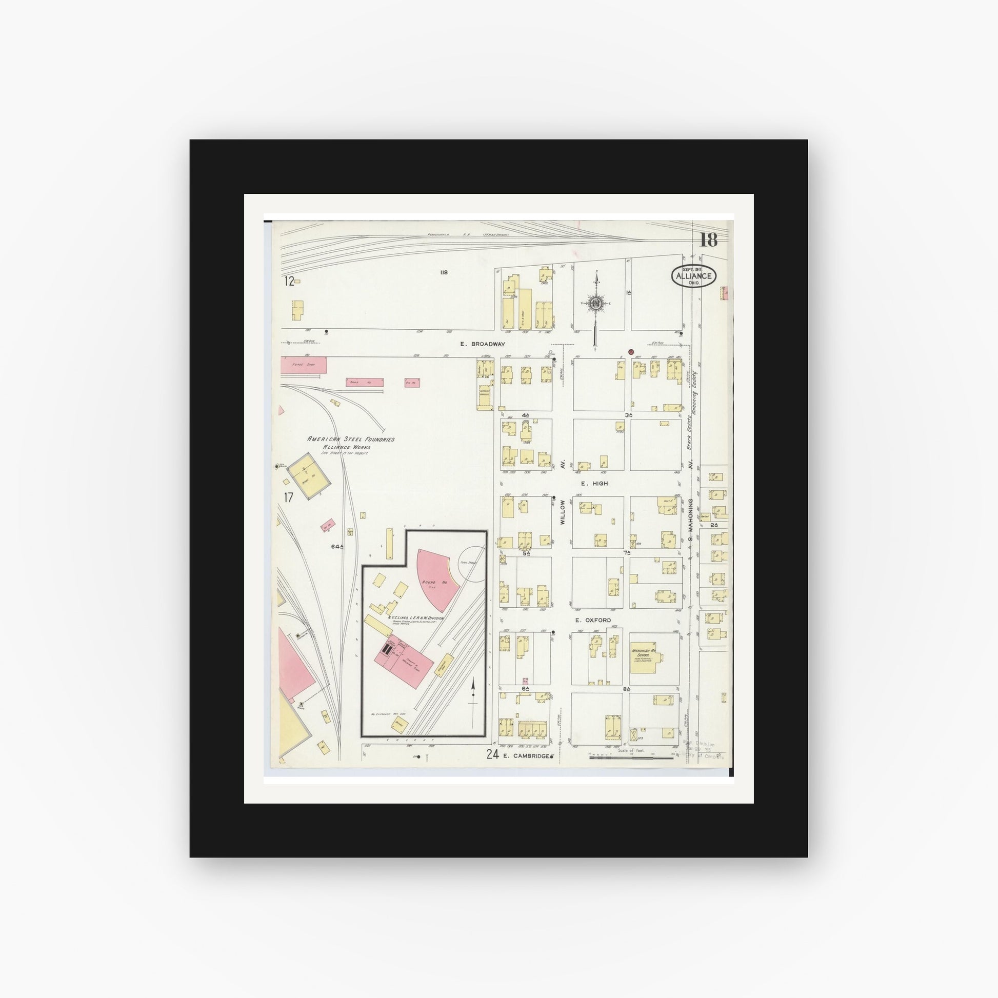 Old map wall art mockup — black gallery frame with white mat — Sanborn Fire Insurance Map from Alliance, Stark County, Ohio (1911), Sheet #0018