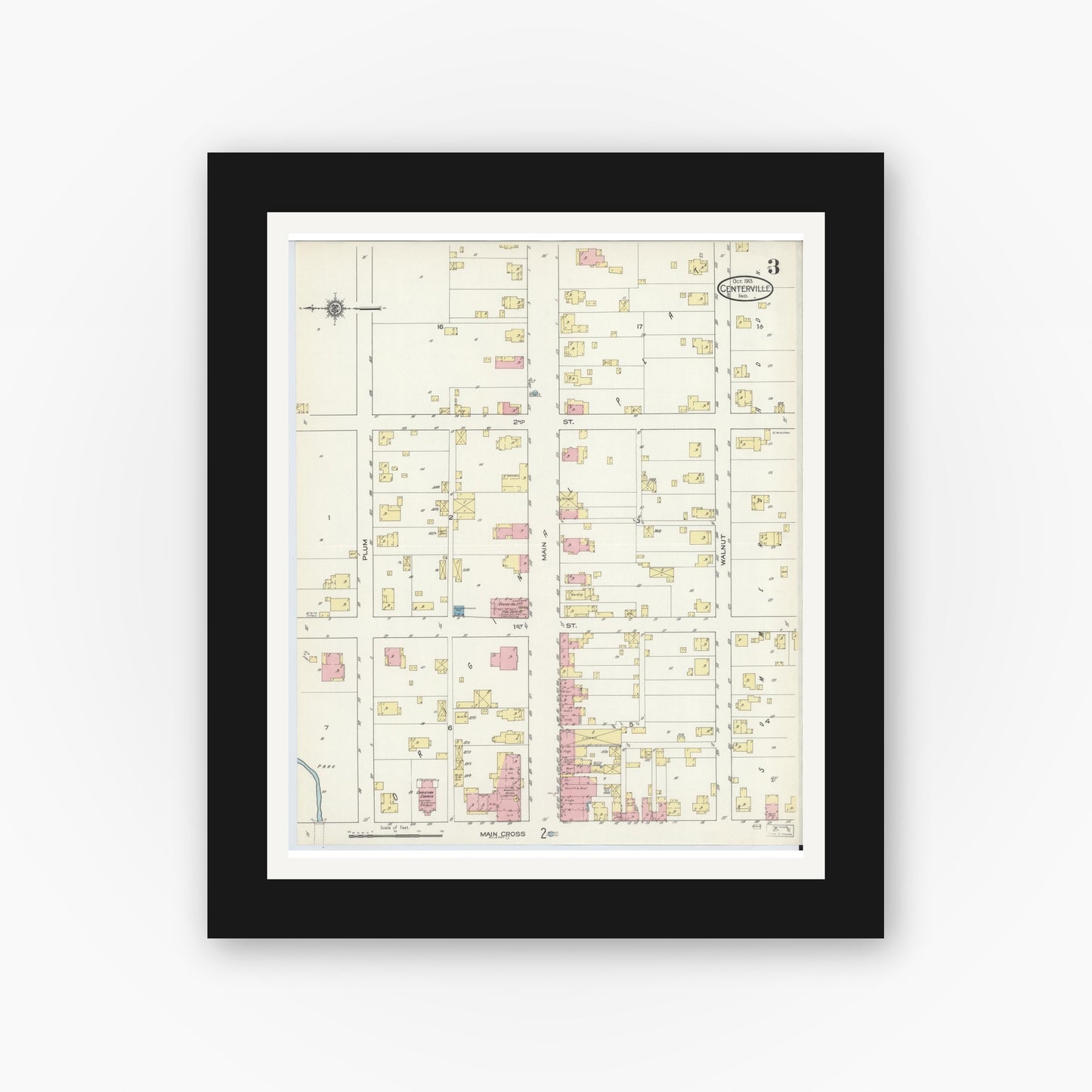 Old map wall art mockup — black gallery frame with white mat — Sanborn Fire Insurance Map from Centerville, Wayne County, Indiana (1913), Sheet #0003
