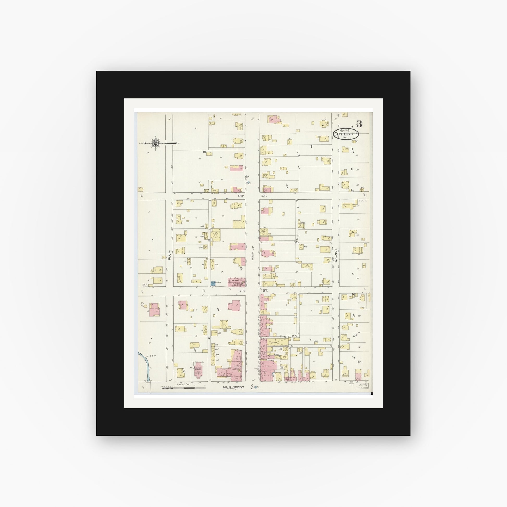 Old map wall art mockup — black gallery frame with white mat — Sanborn Fire Insurance Map from Centerville, Wayne County, Indiana (1913), Sheet #0003