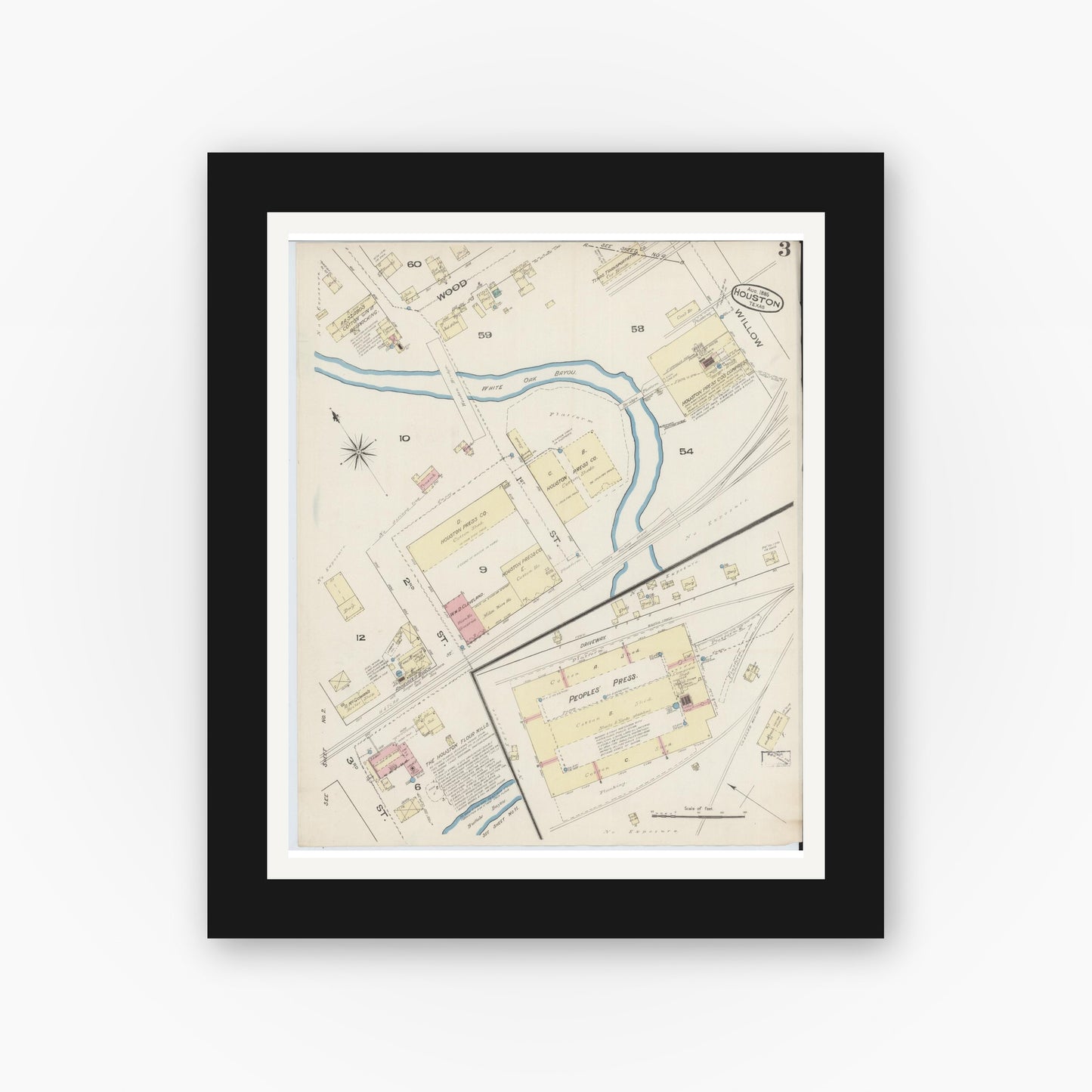 Old map wall art mockup — black gallery frame with white mat — Sanborn Fire Insurance Map from Houston, Harris County, Texas (1885), Sheet #0003