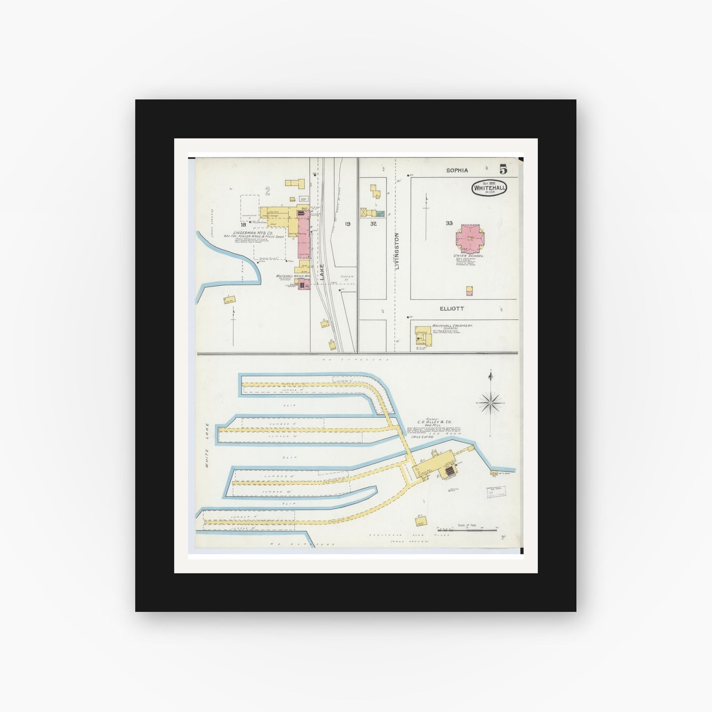 Old map wall art mockup — black gallery frame with white mat — Sanborn Fire Insurance Map from Whitehall, Muskegon County, Michigan (1892), Sheet #0005